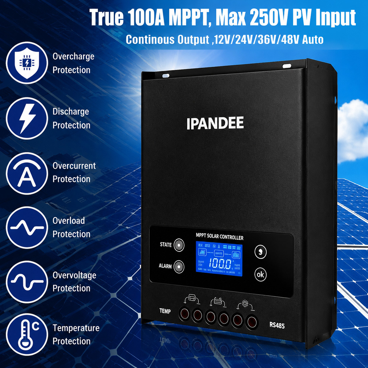 100A MPPT Solar Panel Regulator Controller 12V/24V/36V/48V Auto Focus Tracking