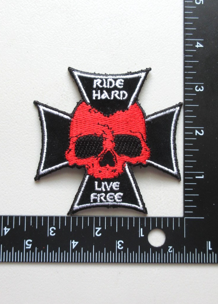 🔥RIDE HARD LIVE FREE MALTESE CROSS RED SKULL BIKERS VEST EMBROIDERED PATCH