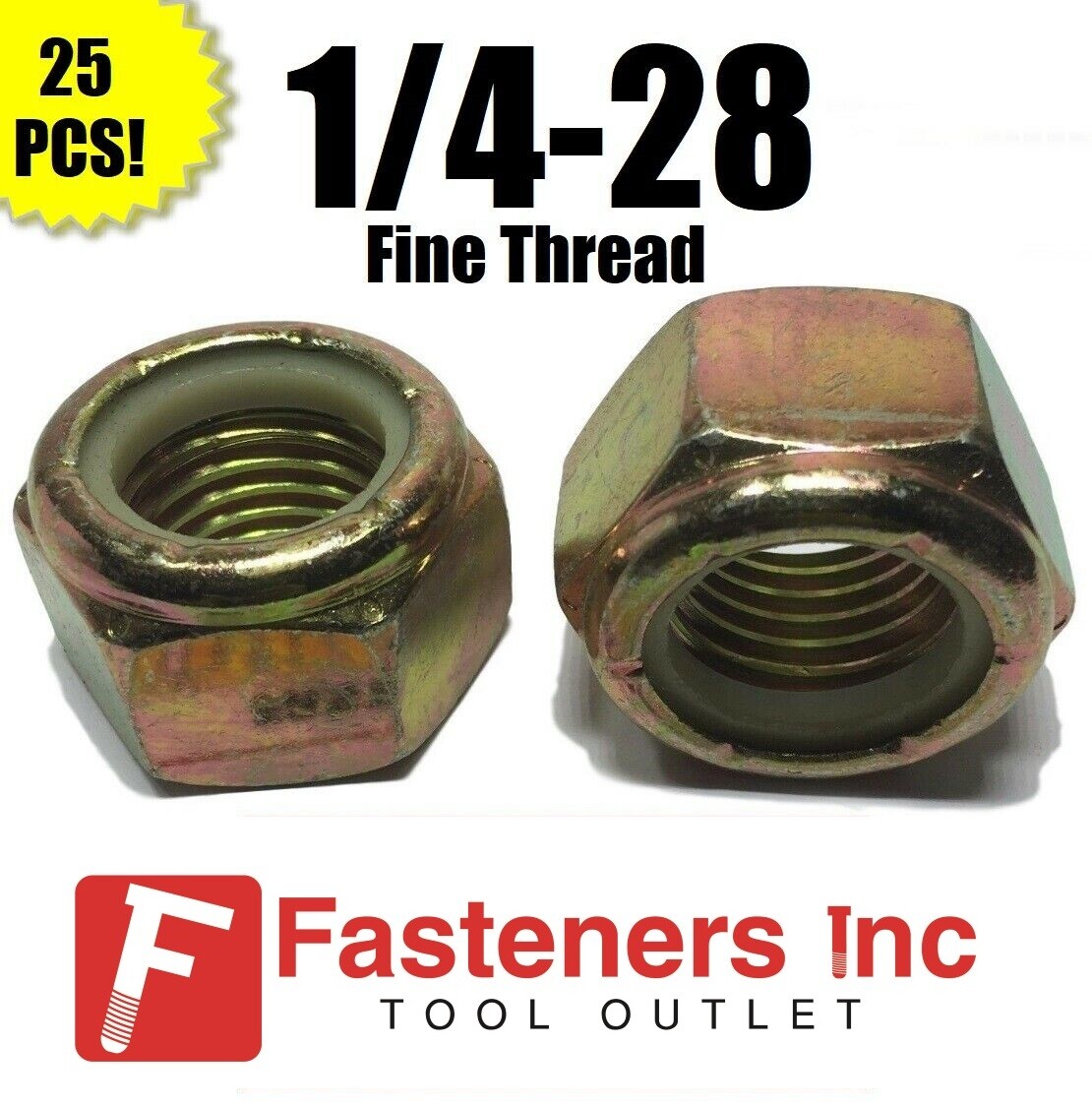 (Qty 25) 1/4-28 Fine Grade 8 Nylon Insert Lock Nuts Nylock Yellow Zinc Plated