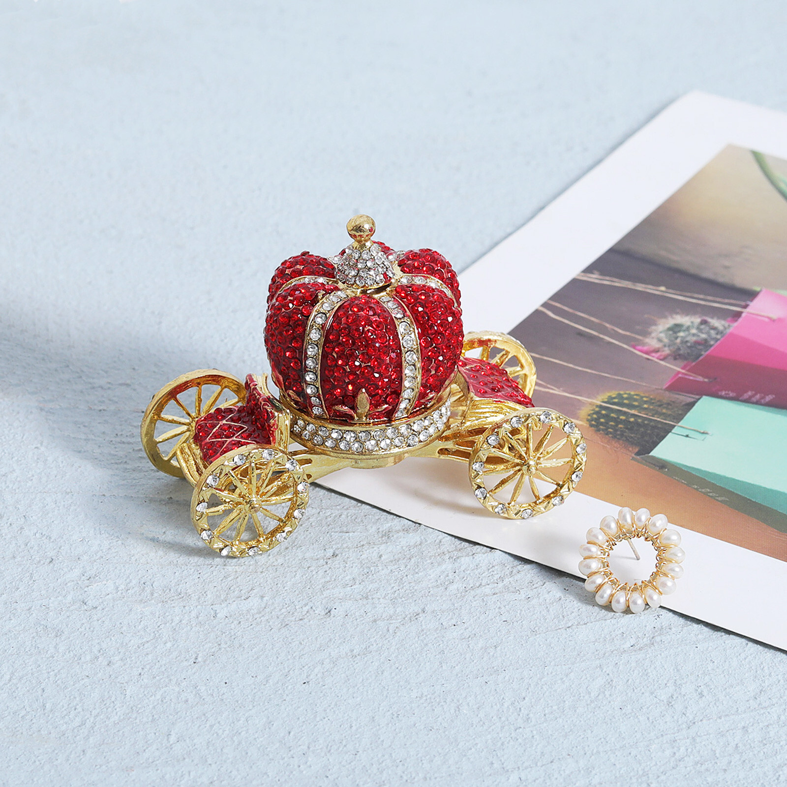 Red Crown Car Trinket Box Hinged Rhinestone Jeweled Color Enamel Ring Box