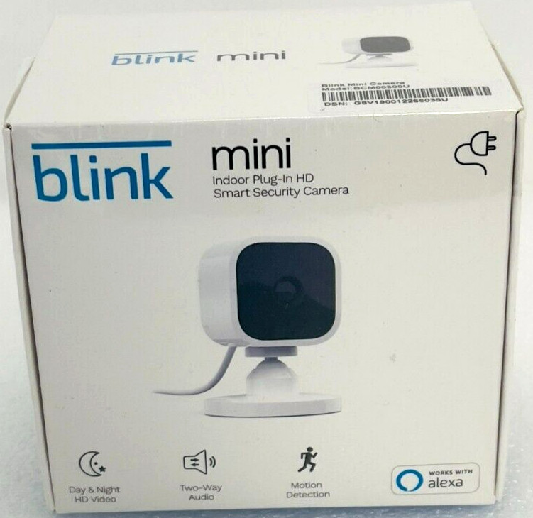 Blink Mini Compact indoor plug-in smart security camera 1080p HD, New