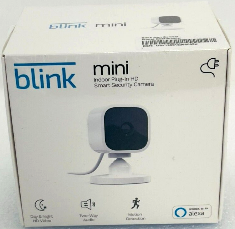 Blink Mini Compact indoor plug-in smart security camera 1080p HD, New
