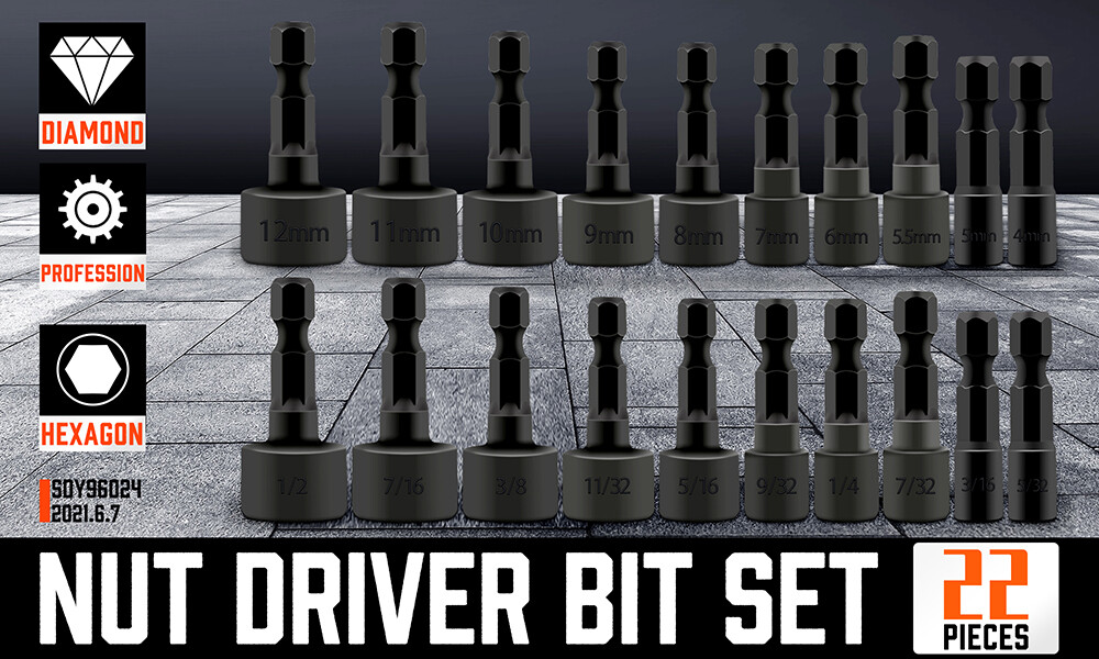 22PCS Power Nut Driver Bit Set Quick Change MM & SAE Impact 1/4" Hex Shank