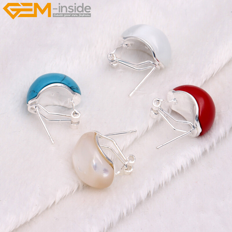 Oval Assorted Stones Silver Omega Back Stud Earrings 1 Pair Lovely Gift Women