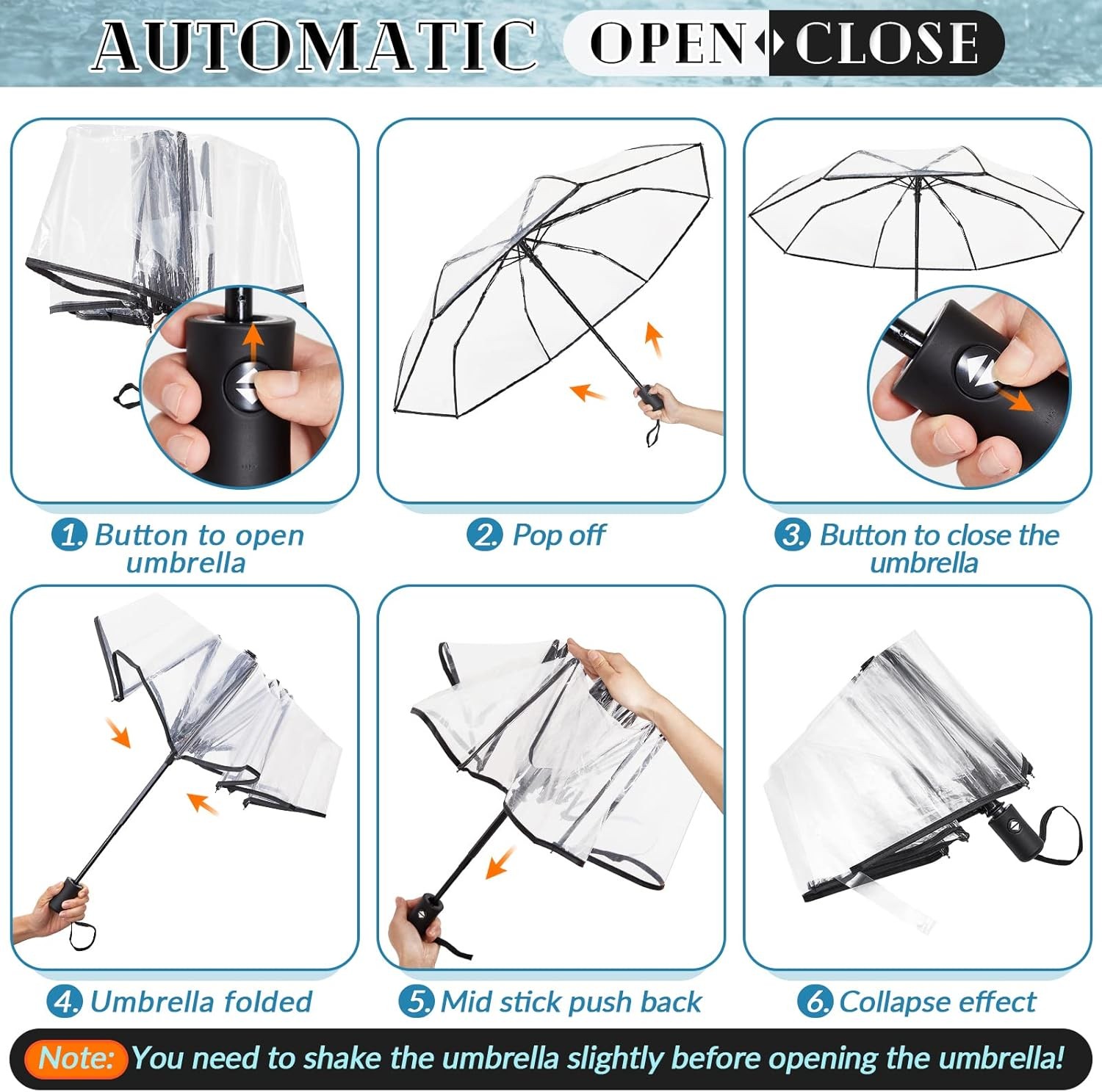Clear Umbrella Transparent Portable Auto Open Close Compact...