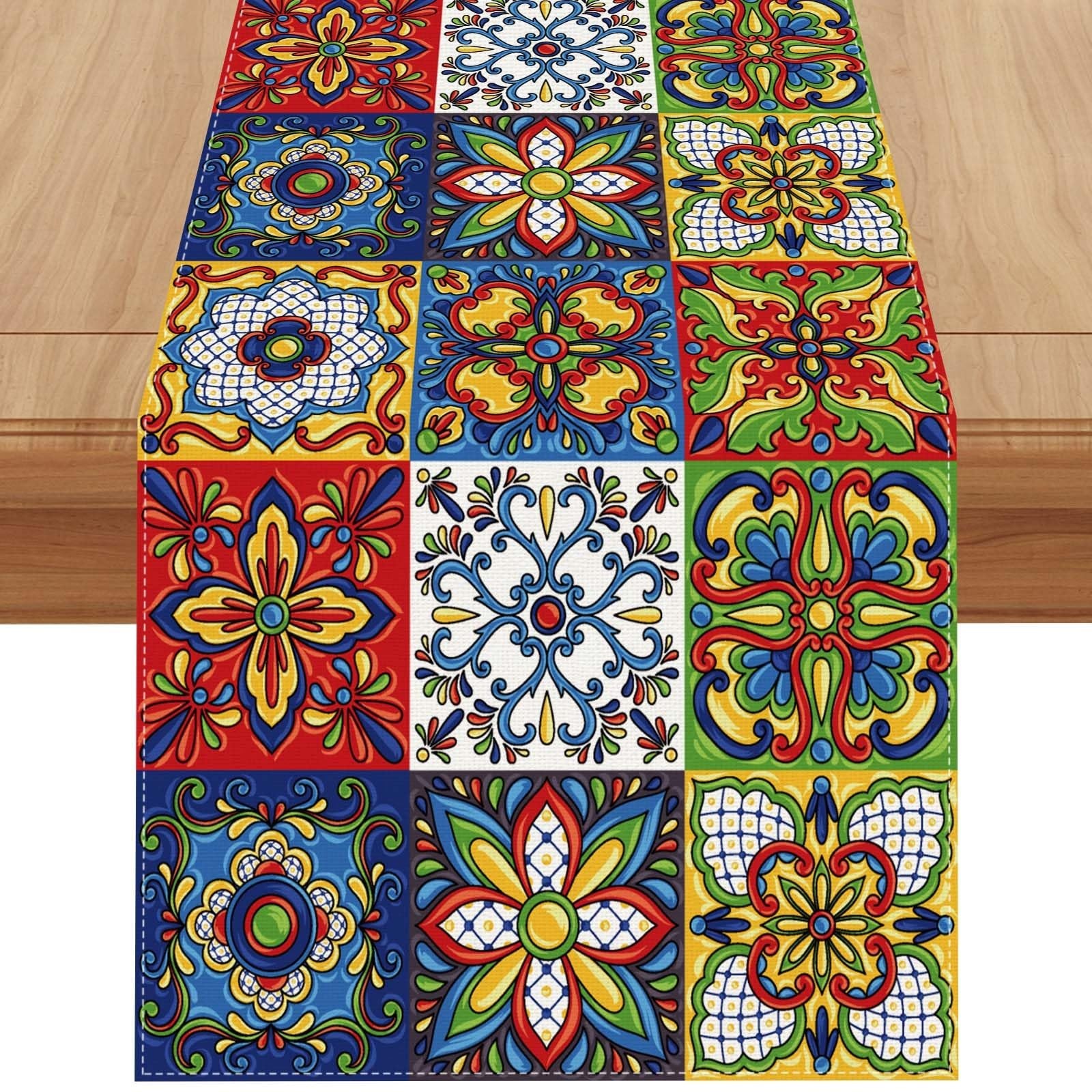 Mexican Talavera Ceramic Tile Table Runner Mexican Fiesta Tablecloth Cinco De...