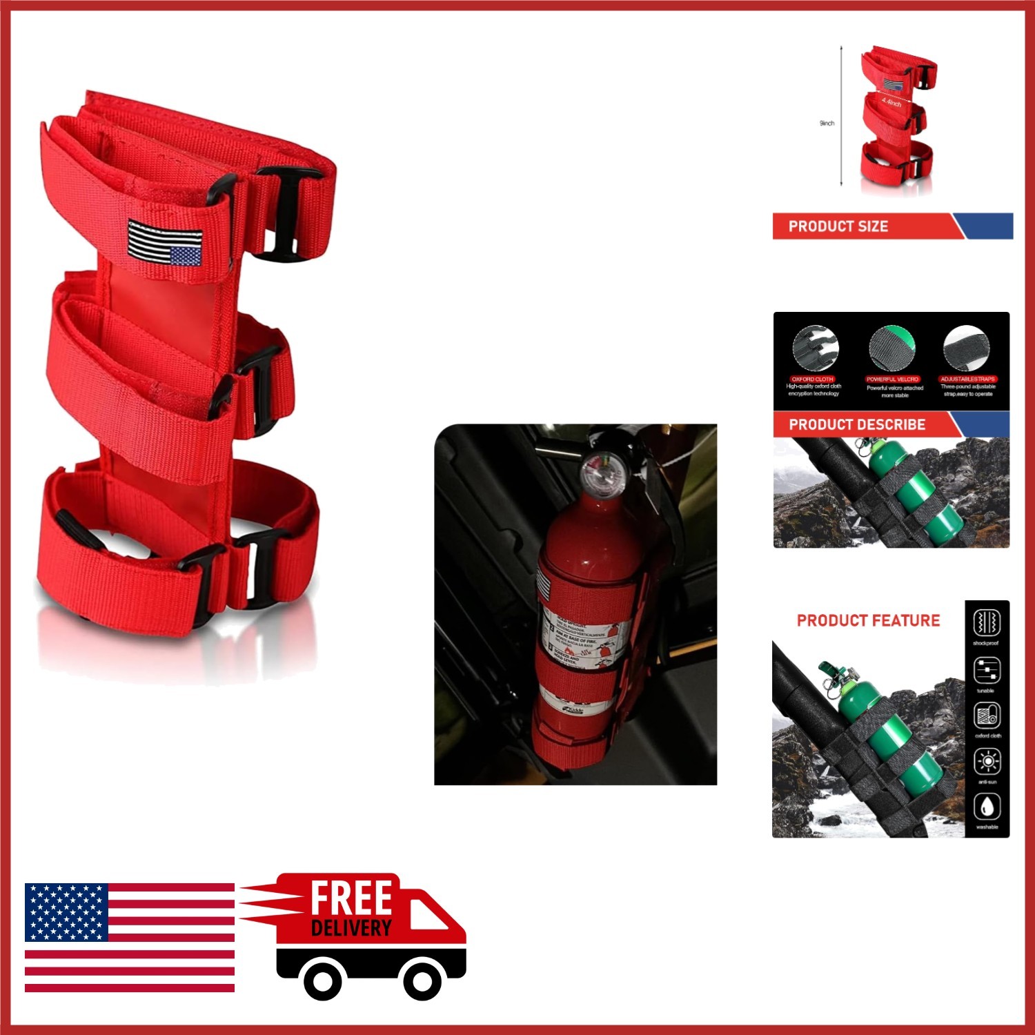 Adjustable Fire Extinguisher Holder for Jeep Wrangler with American Flag Design