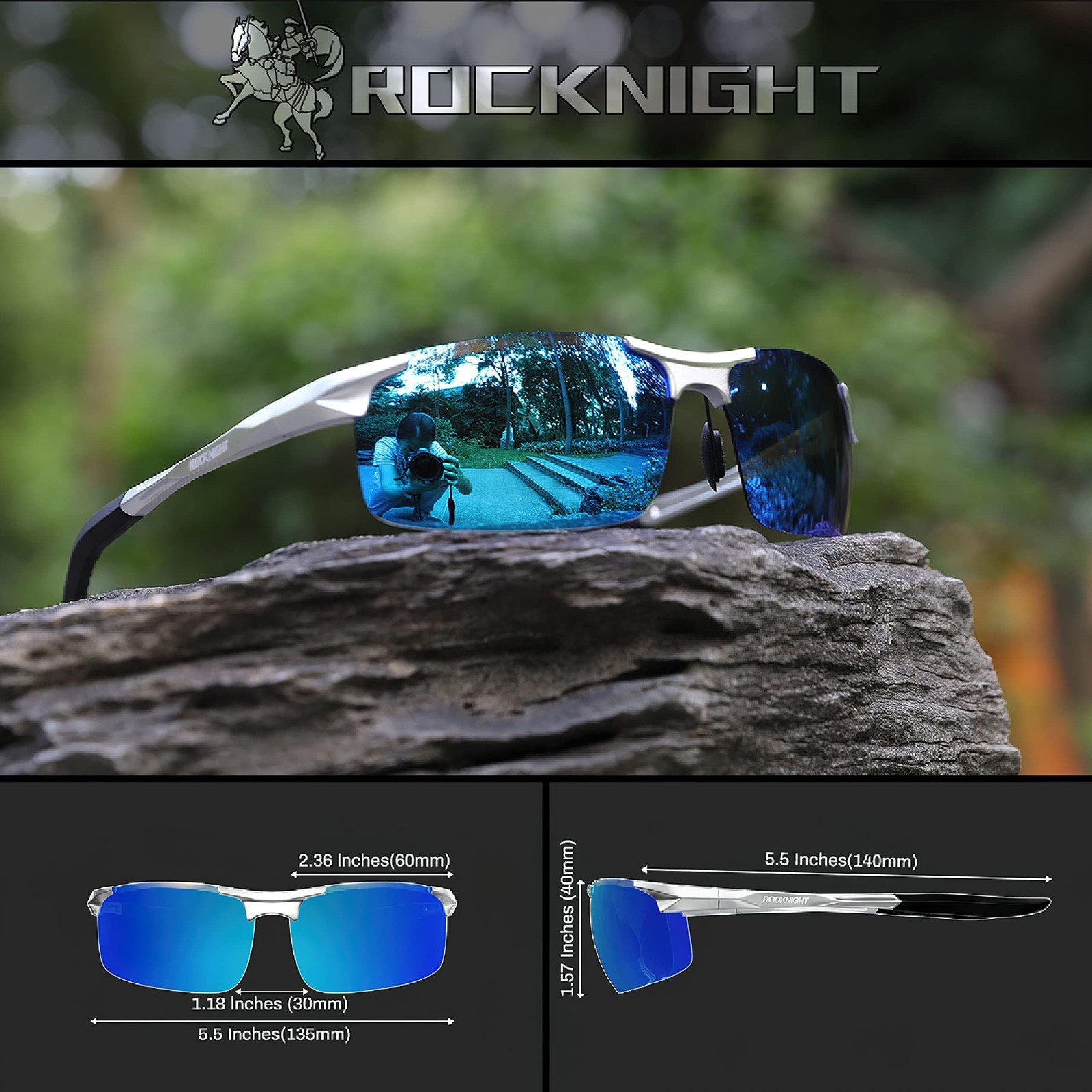 ROCKNIGHT Polarized Rectangular Sunglasses for Medium, Silver Frame/Blue Lens