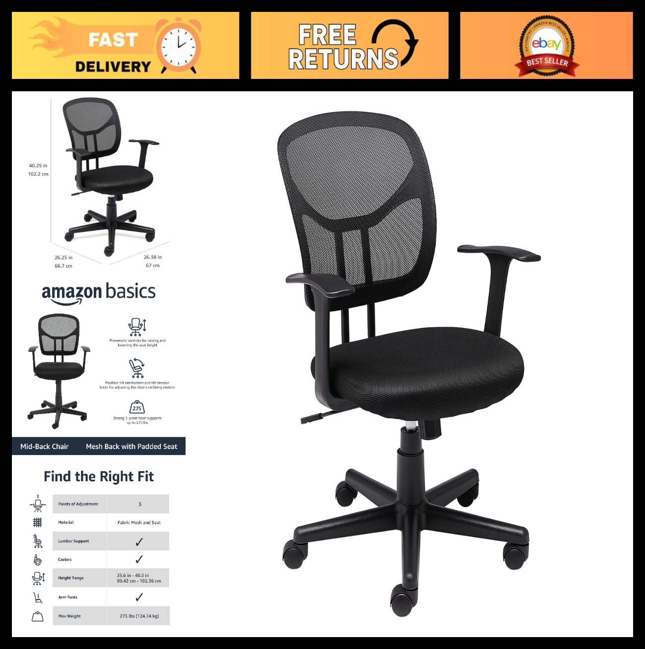 Breathable Mesh Mid-Back Office Chair with Armrests, Lumbar Support, 360° Swivel