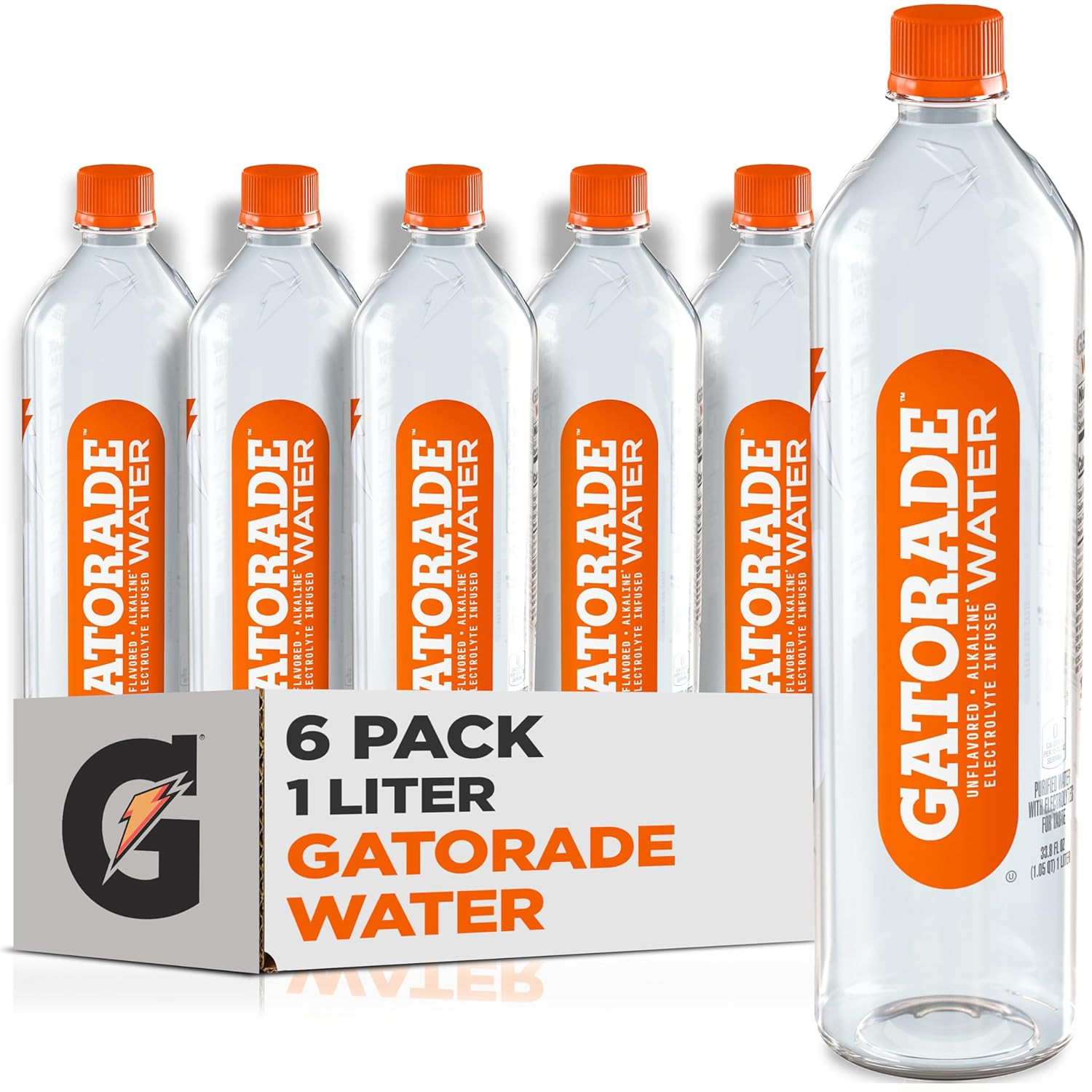 Gatorade Unflavored Alkaline Water with Electrolytes, Sports Cap, 6 Pack of 1L
