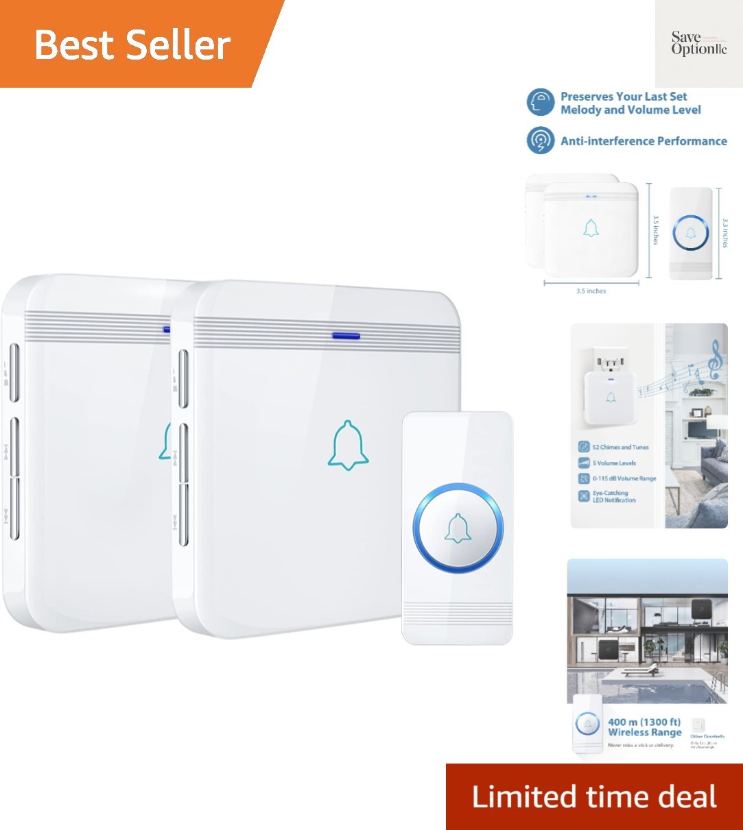 Wireless Doorbell, 1300 ft Range, Waterproof, 2 Receivers, White | 115 dB Vol...