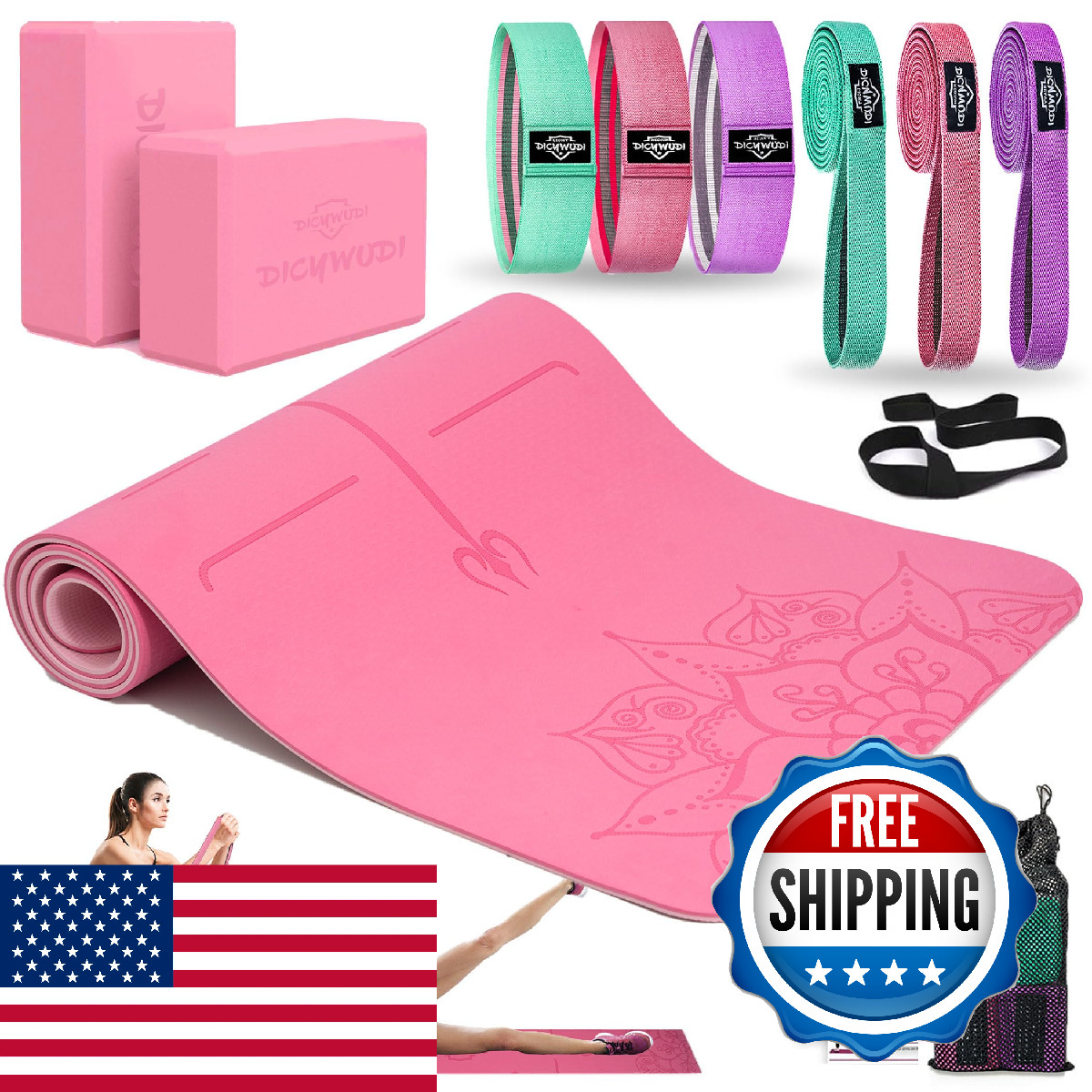Dicywudi Yoga Mat Thick 6 Fabric Resistance Bands 2 Pack Yoga Blocks Home