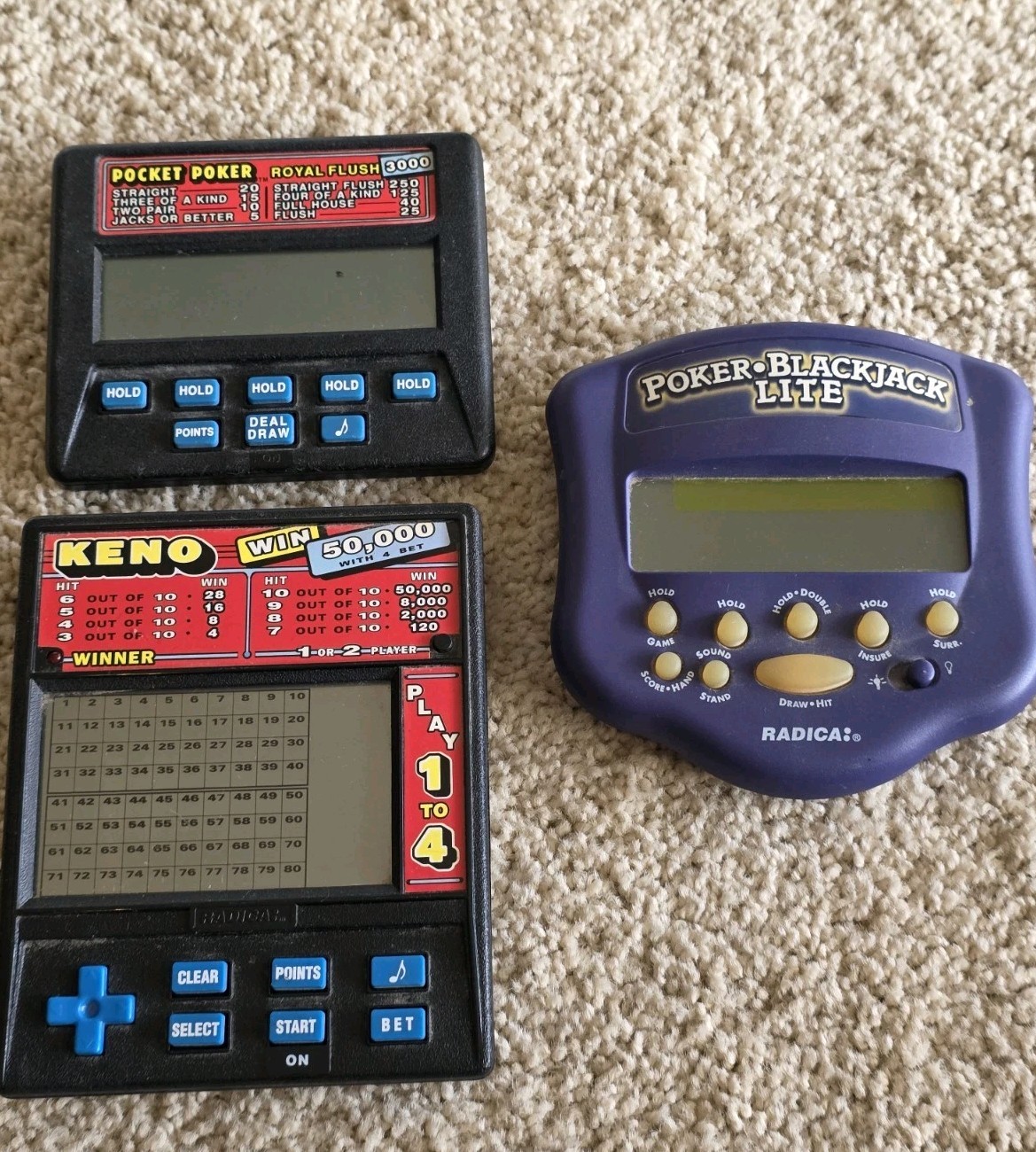 Lot 3 RADICA Pocket Games BLACKJACK  LITE POKER 1310 KENO 1480 TESTED WORKING