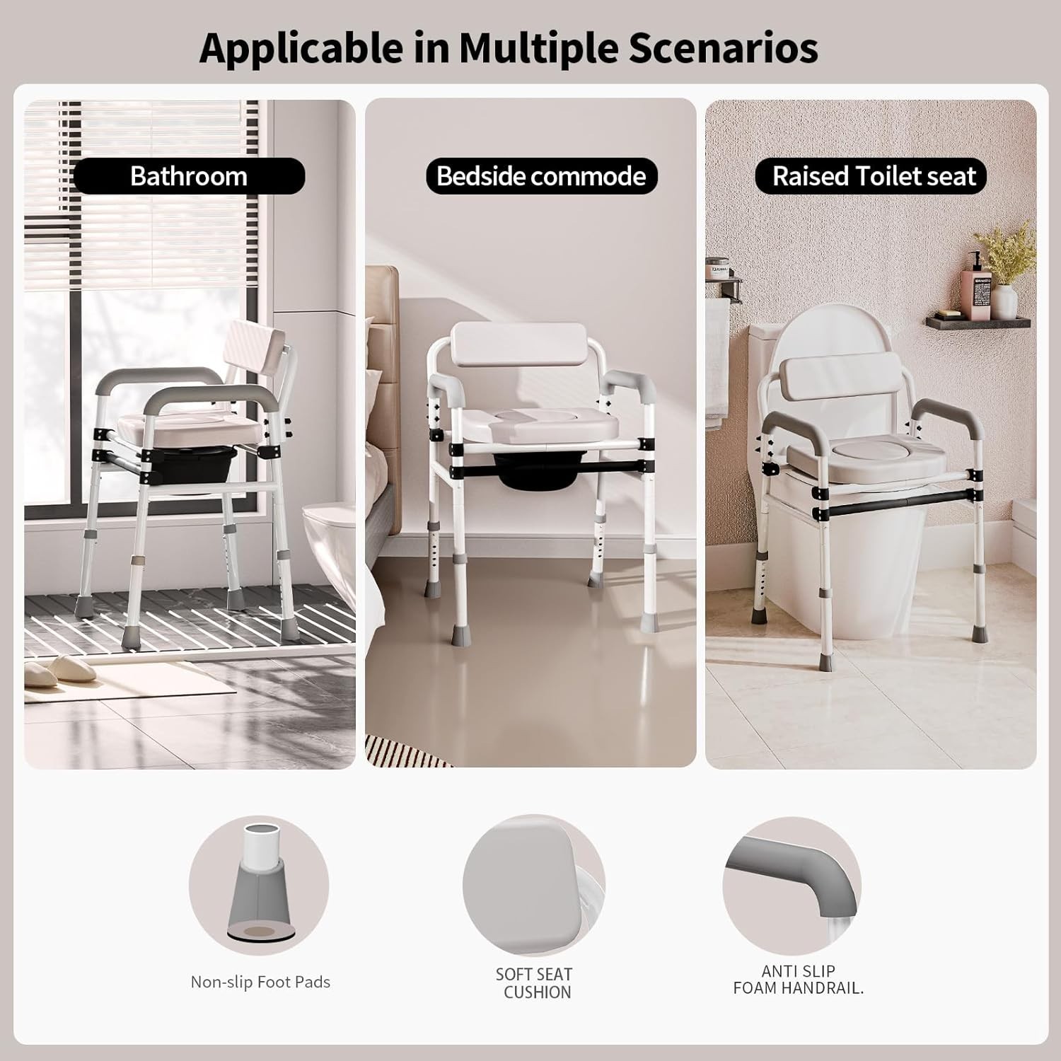 Adjustable Medical Bedside Commode Chair with Padded Backrest, Drop Arm Support