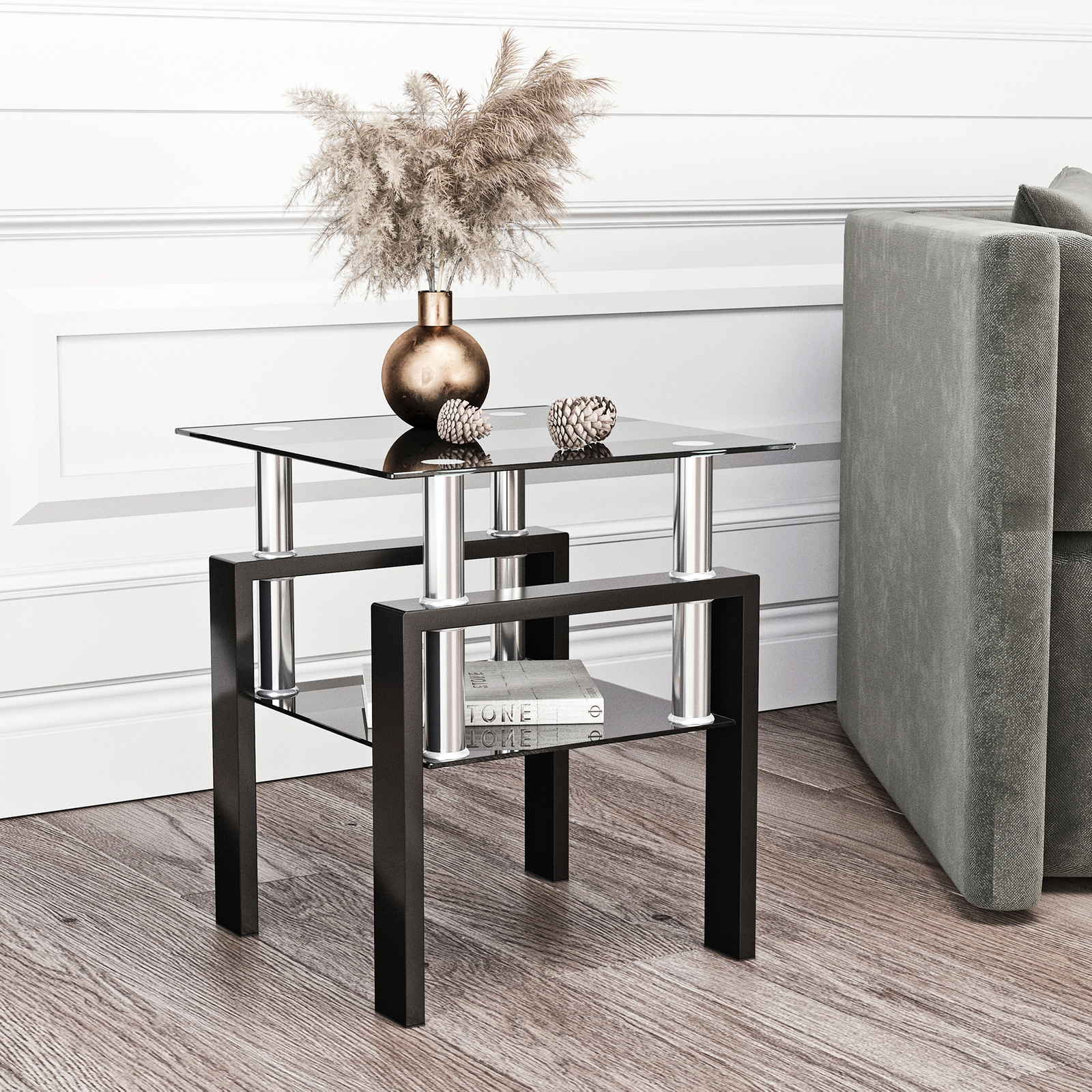 2 Tier Square End Table Living Room Tempered Glass Side Table w/Shelf&Metal Legs