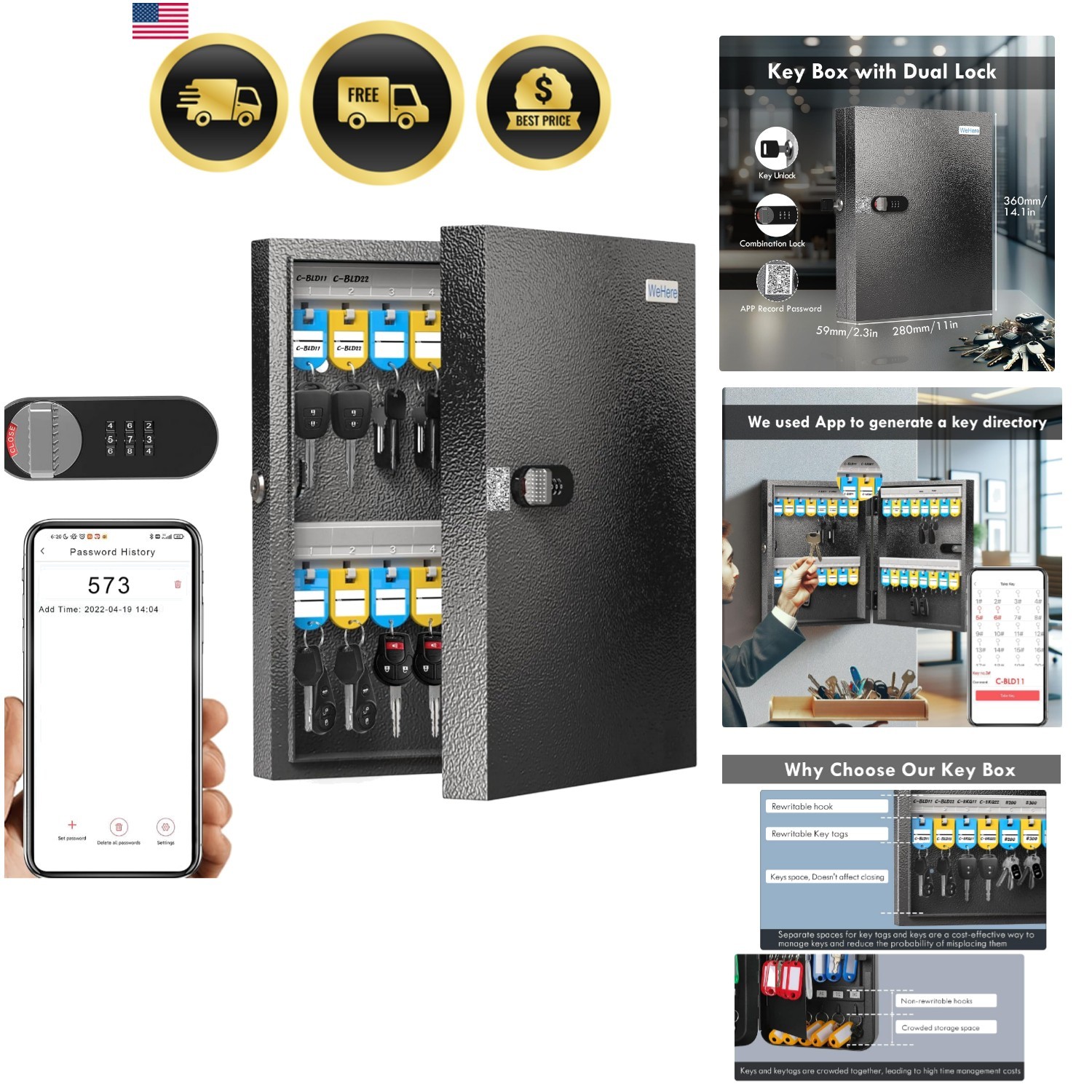 Key Lock Box with Dual Lock 32 Key Cabinet Wall Mount Lockable Secure Storage