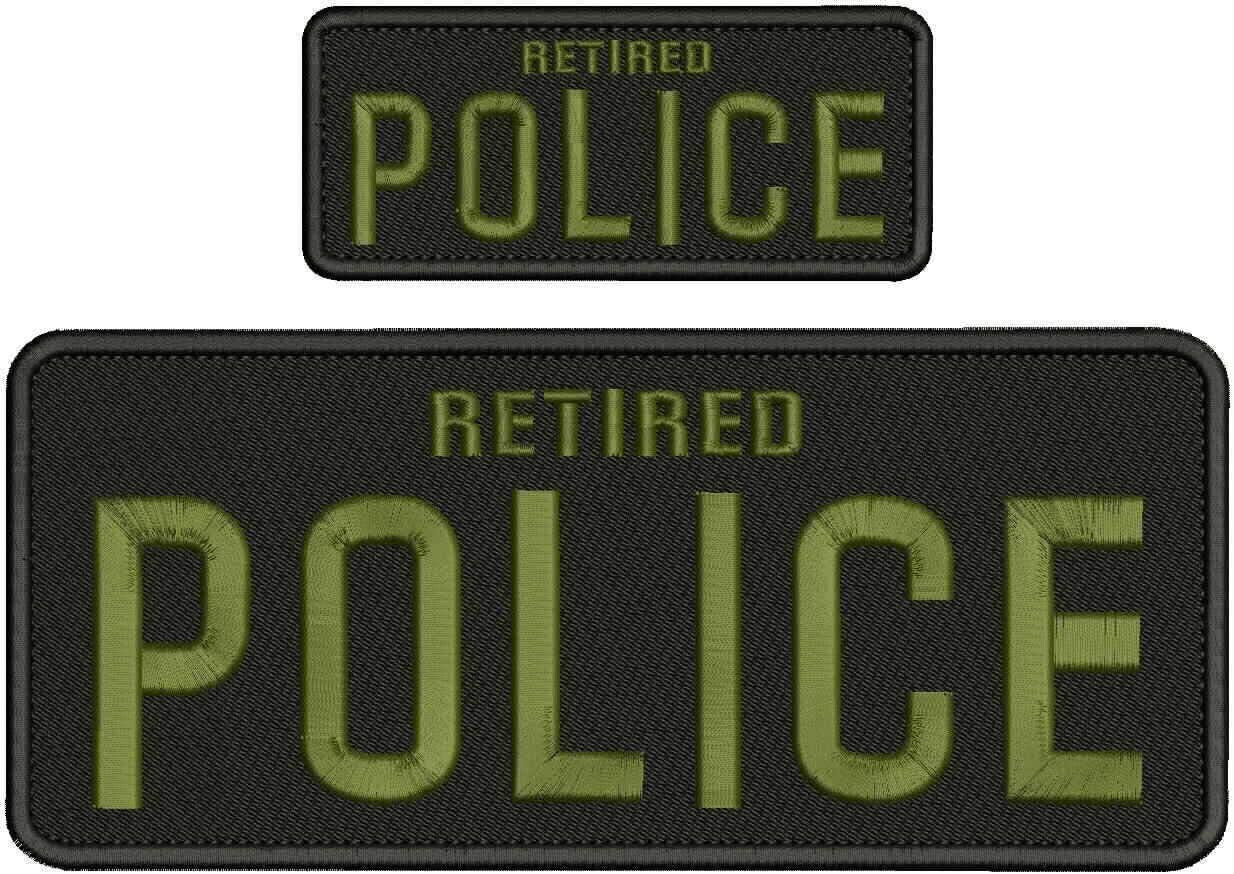 RETIRED POLICE EMBROIDERY PATCH 4X10 AND 2X5 HOOK ON BACK BLACK/OD GREEN