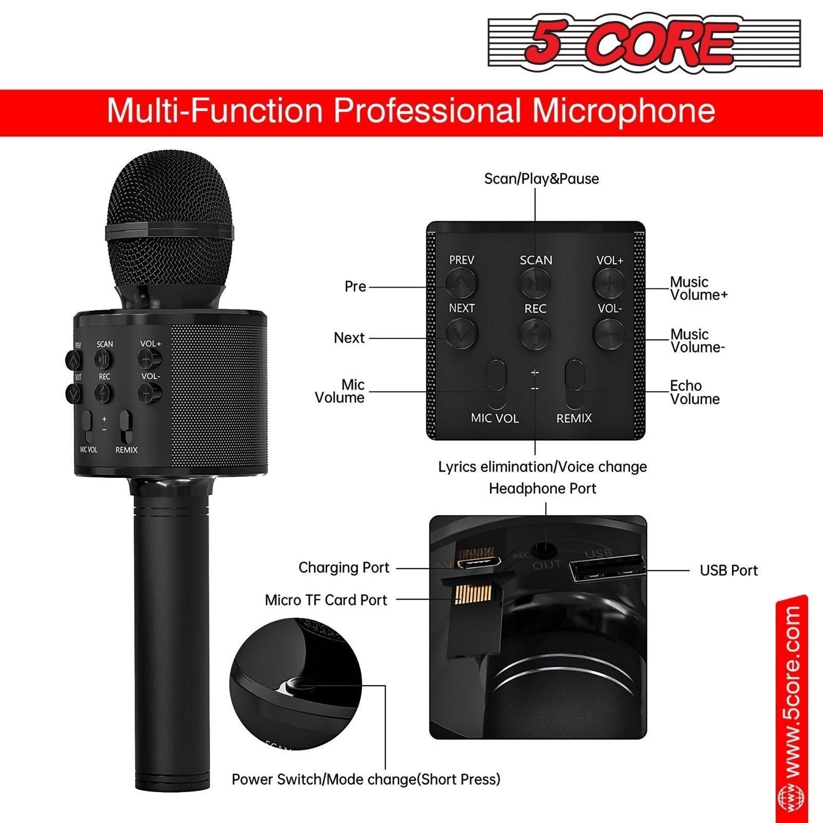 5 Core Microphone Wireless Karaoke Mic w/Speaker Portable Bluetooth Microfono 2x