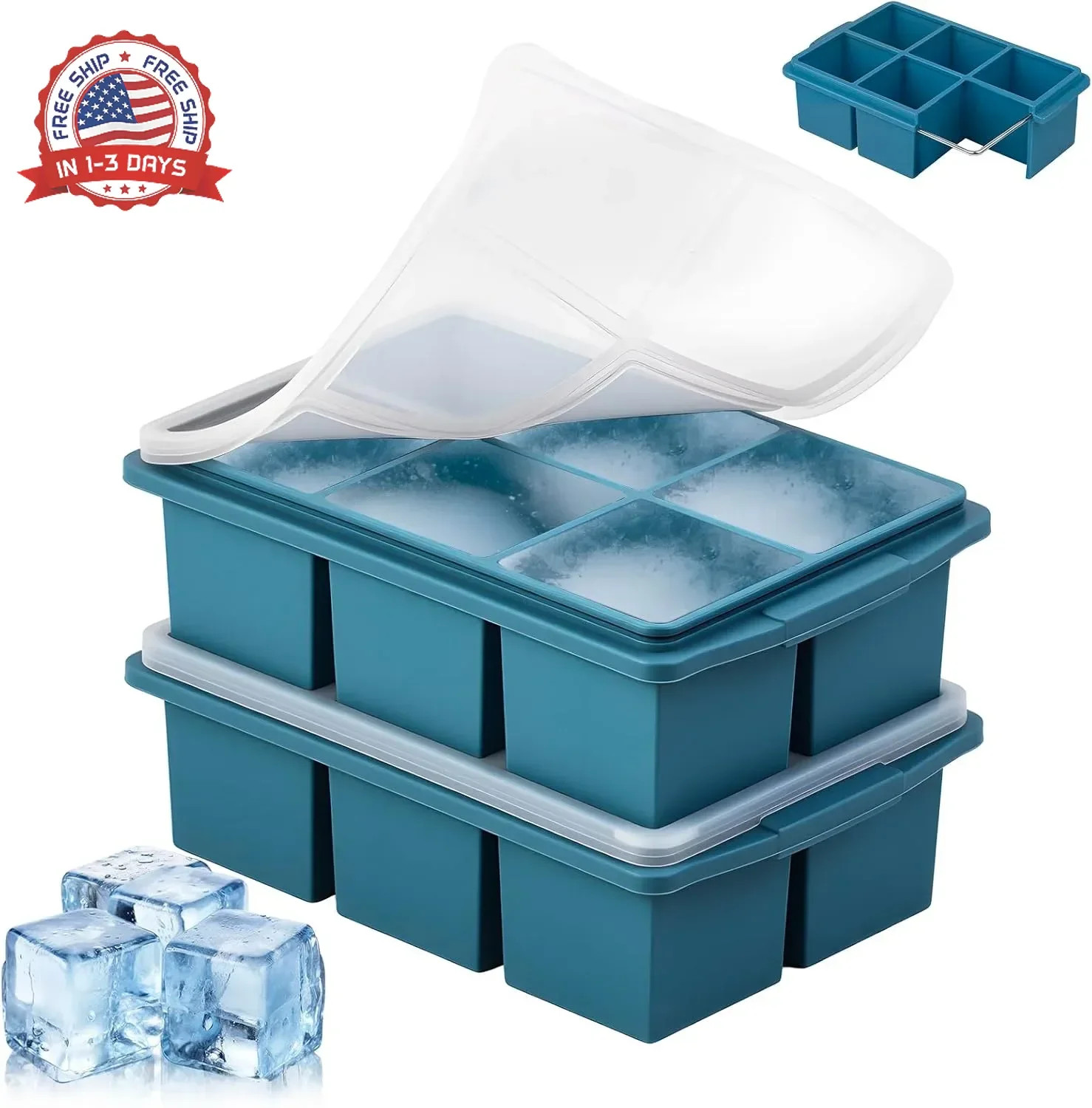 Large Ice Cube Trays for Whiskey (2 Pack) - Silicone Ice Cube Molds with Steel F