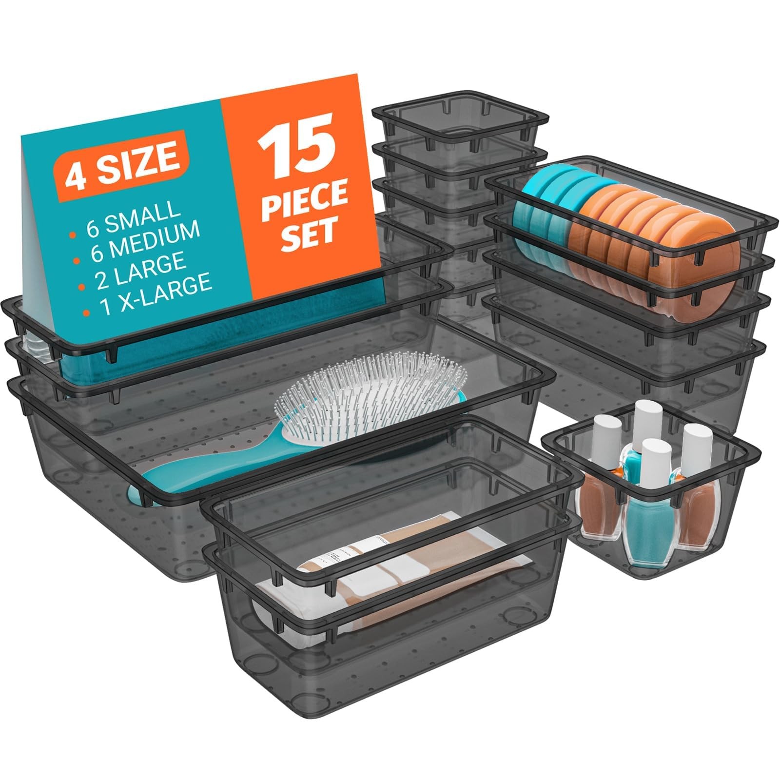 15 PCS Clear Plastic Drawer Organizer Set, 4-Size Acrylic Drawer Storage Tray...
