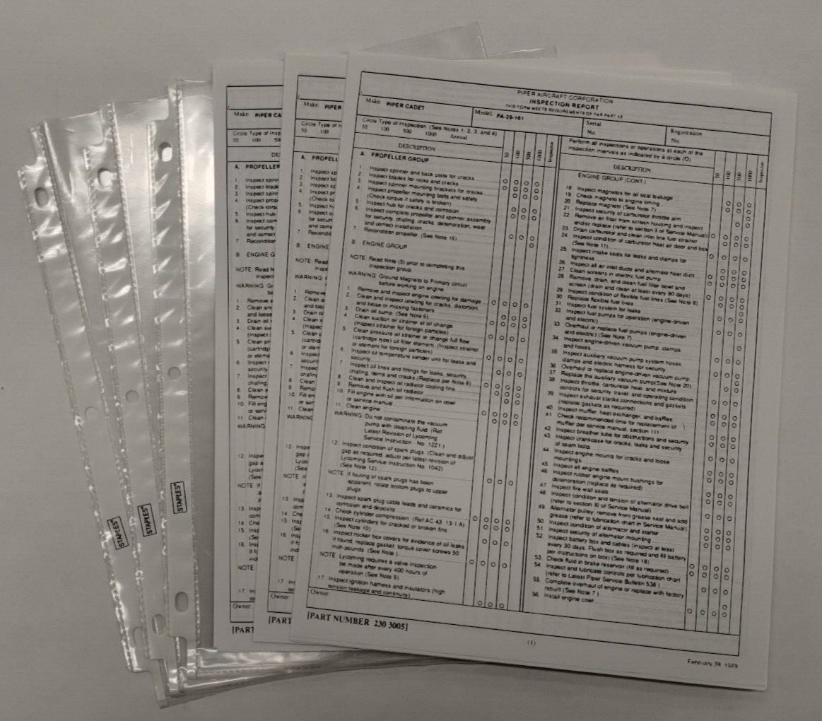 15-Sets Piper Cadet PA-28-161 Inspection Report 230-3005-Copies