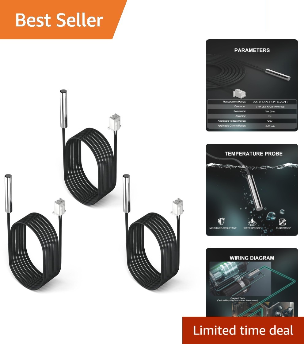 Versatile 10K Waterproof Temperature Sensor Probes - Multi-Use, 1 Meter Length