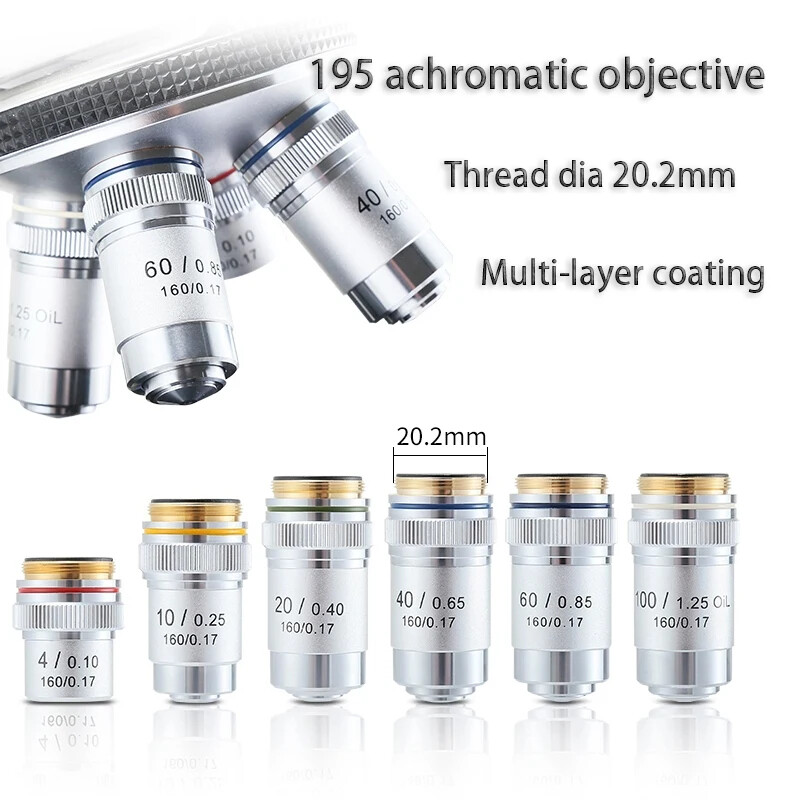 Biological Microscopes Achromatic Objective Lens 4X 10X 20X 40X 60X 100X 195mm