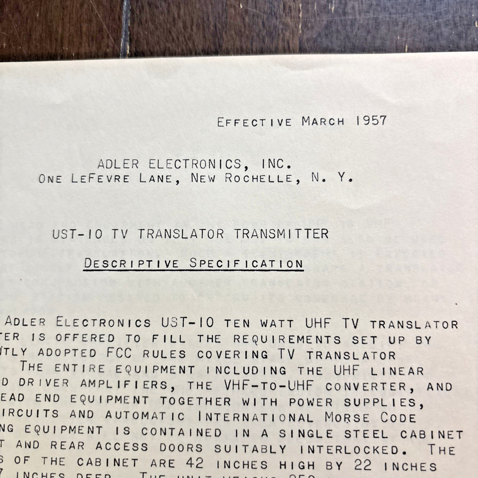1957 Adler Electronics UST-10 Translator Transmitter Descriptive Paperwork 6 Pg