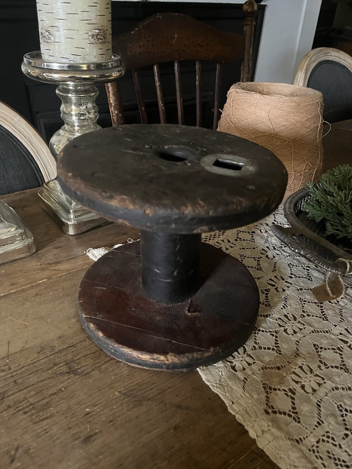 General Store Display DARK Wood Textile Mill Thread Silk Spool Primitive Plinth