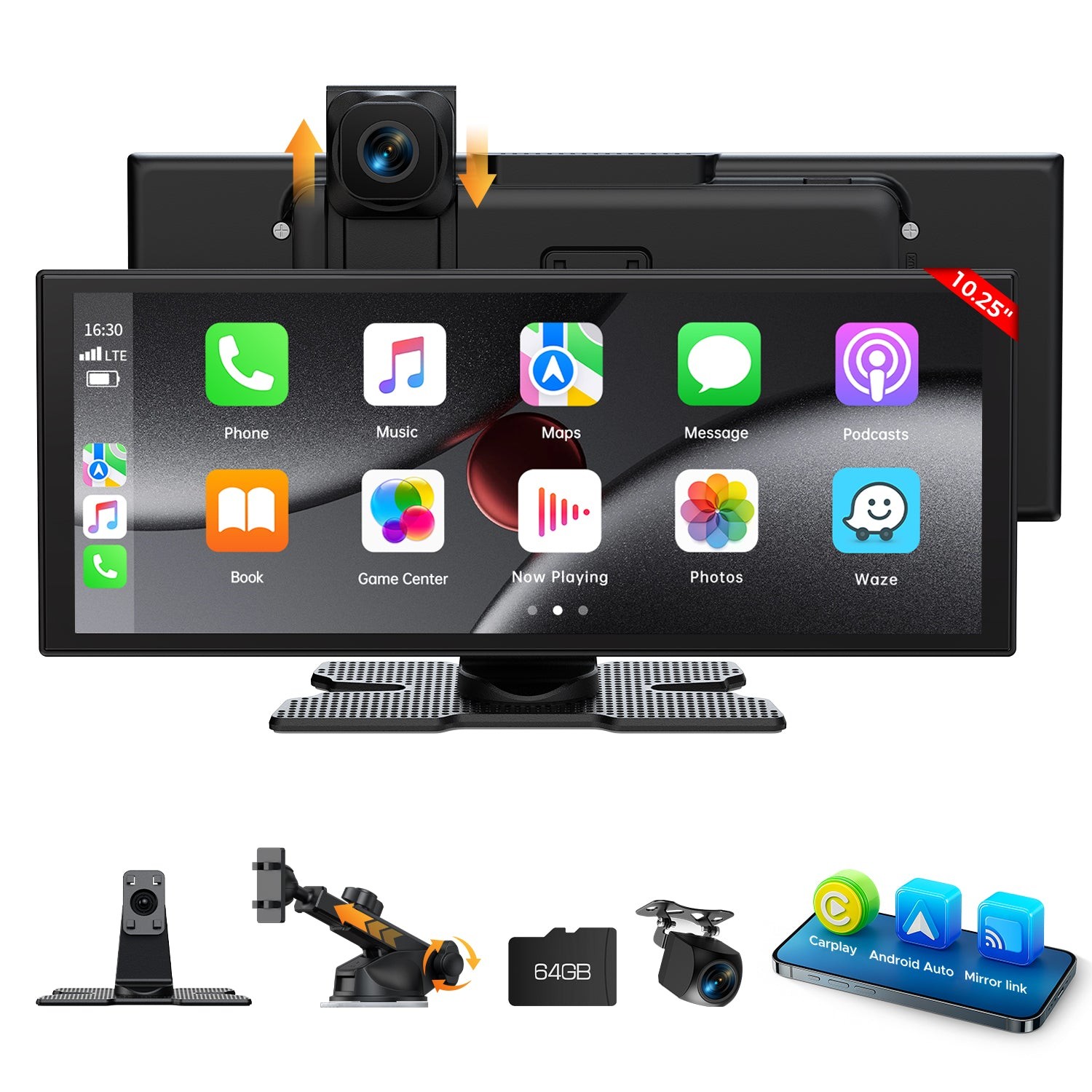 2.5K Dash Cam 10.25" Car Stereo Wireless Apple Carplay&Android Auto+1080P Camera