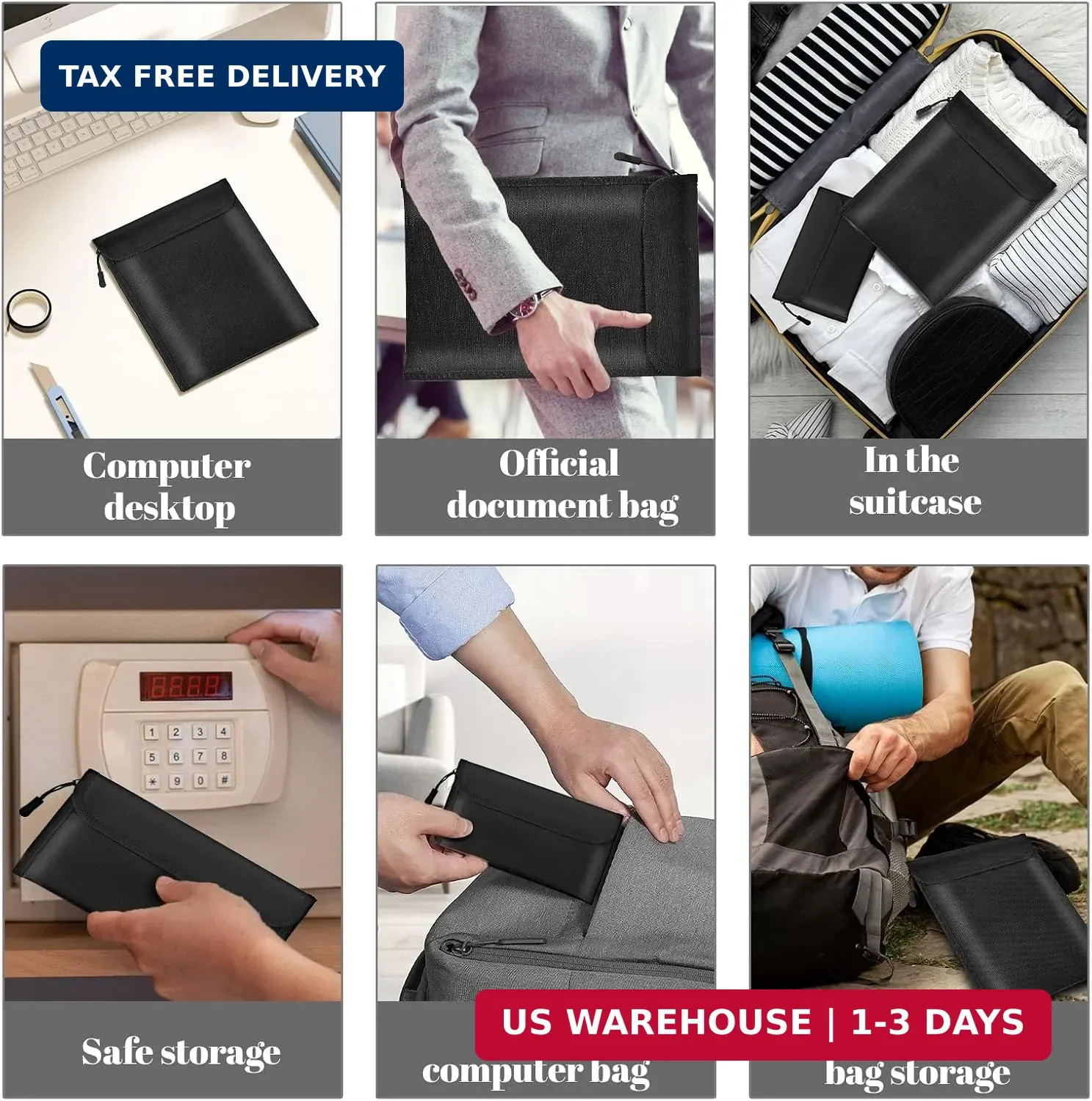 Fireproof Waterproof Document Bag 3-Pack Black 2000℉ Money Bag for Cash Passport
