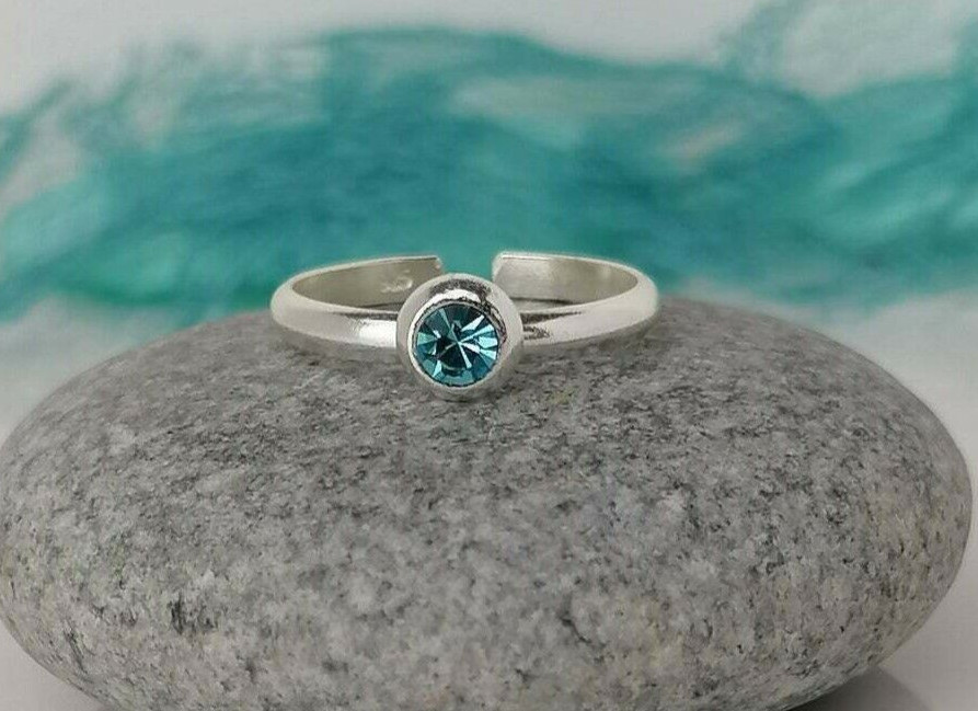 3mm Simulated Aquamarine Women's Bezel Set Toe Ring 14k White Gold Plated Silver