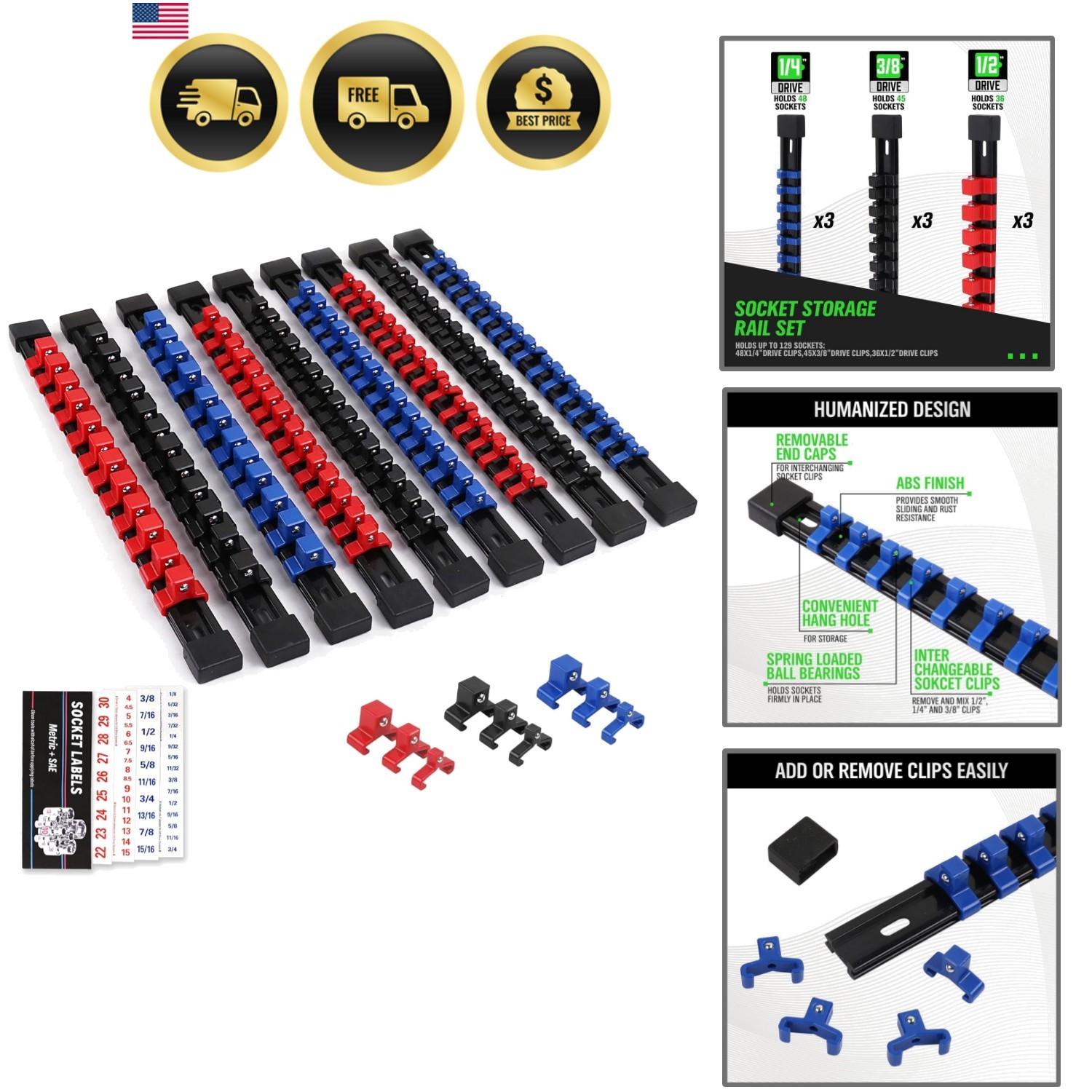 SWANLAKE 9-Piece  Socket Holder Organizer Set, 1/4-Inch x 48 Clips, 3/8-Inch ...