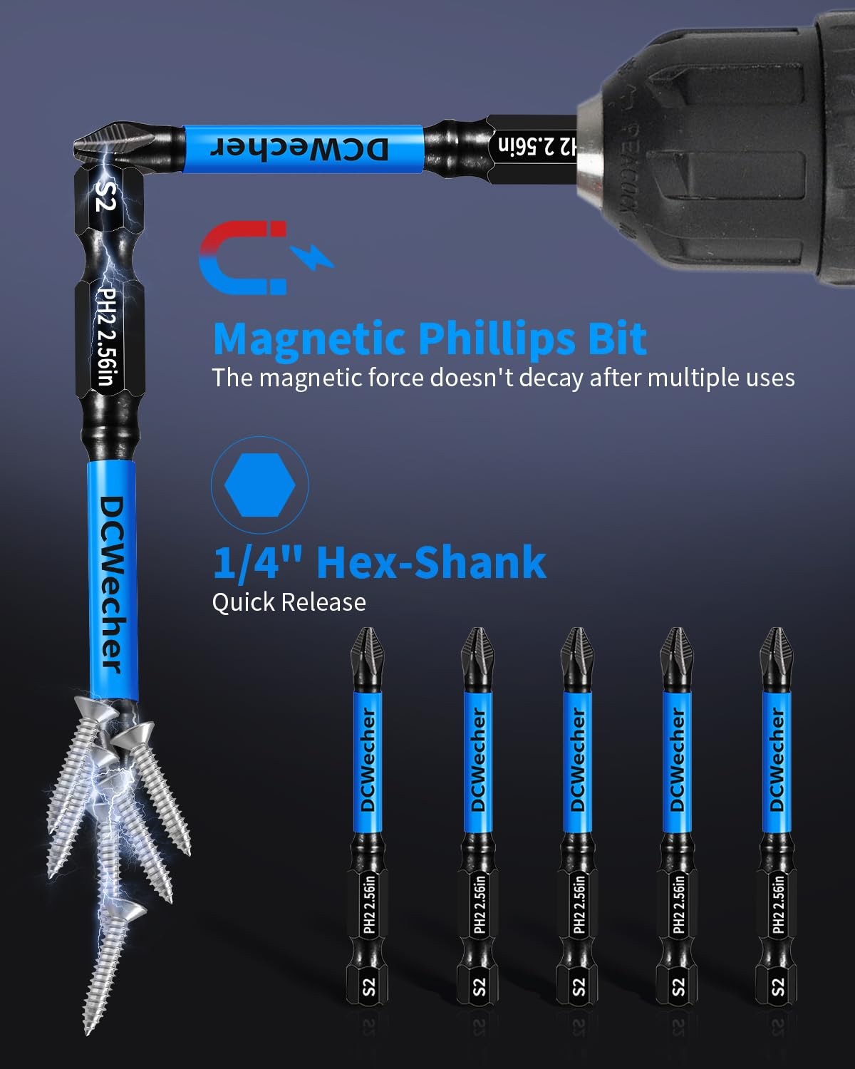 12-Pack 2 Phillips Bits #2 Impact Magnetic, Professional Long Phillips Head Dril