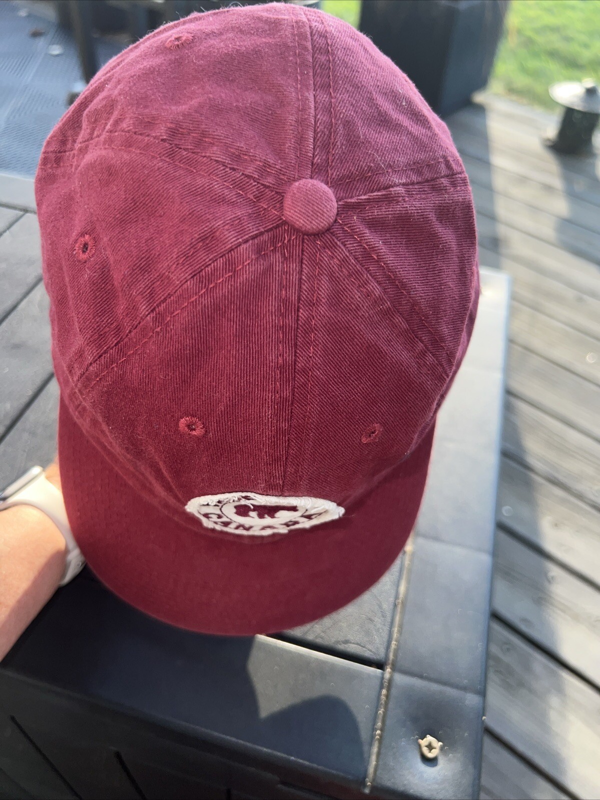 Vancouver Canada Bear DIstressed Bear Patch on Maroon Hat Cap Strap Buckle EUC