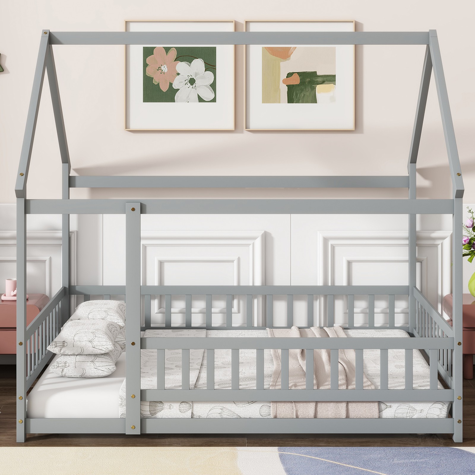 Full Size Floor Bed w/ Wood Roof Frame & Safety Guardrails, Grey, Easy Assembly
