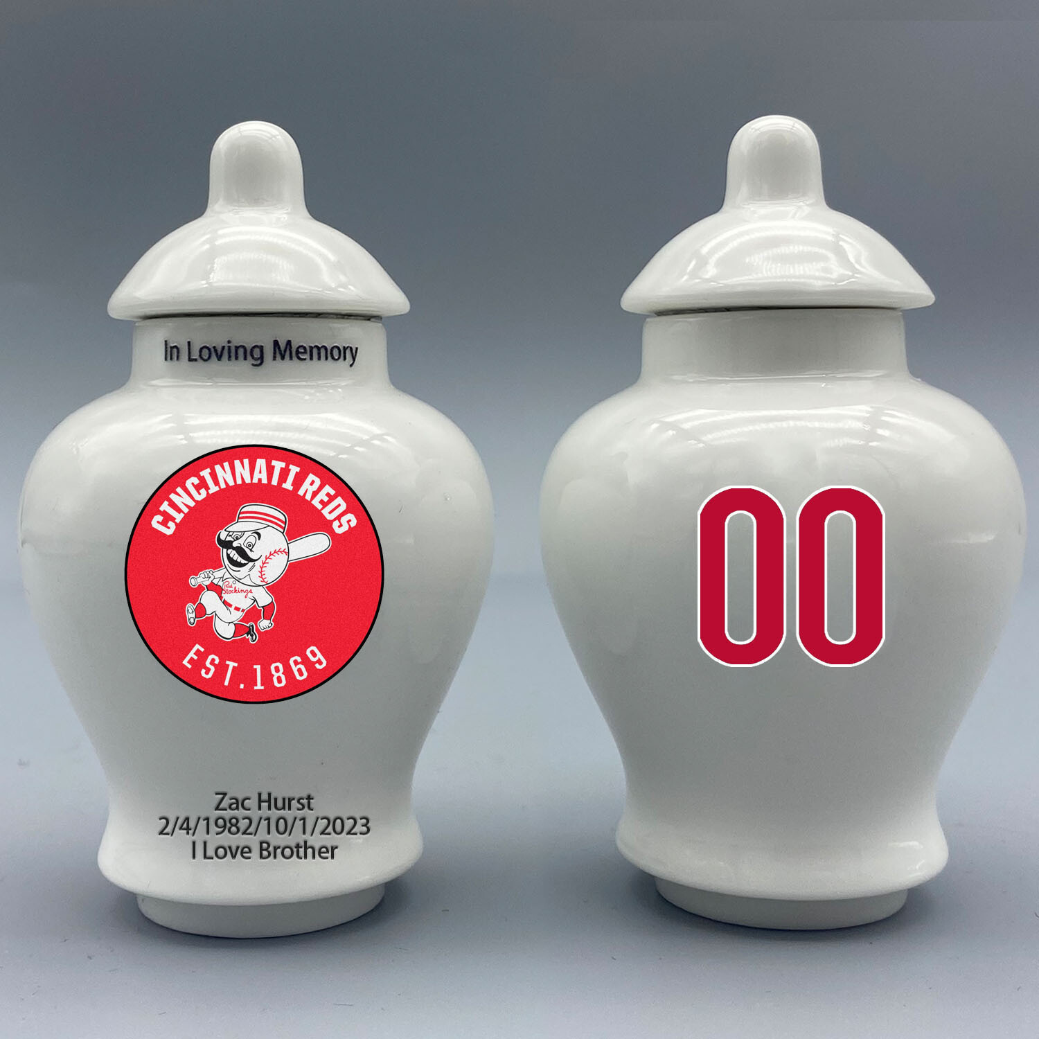 Ceramic Baseball Urn – Cincinnati Reds Theme, Custom Text & Number