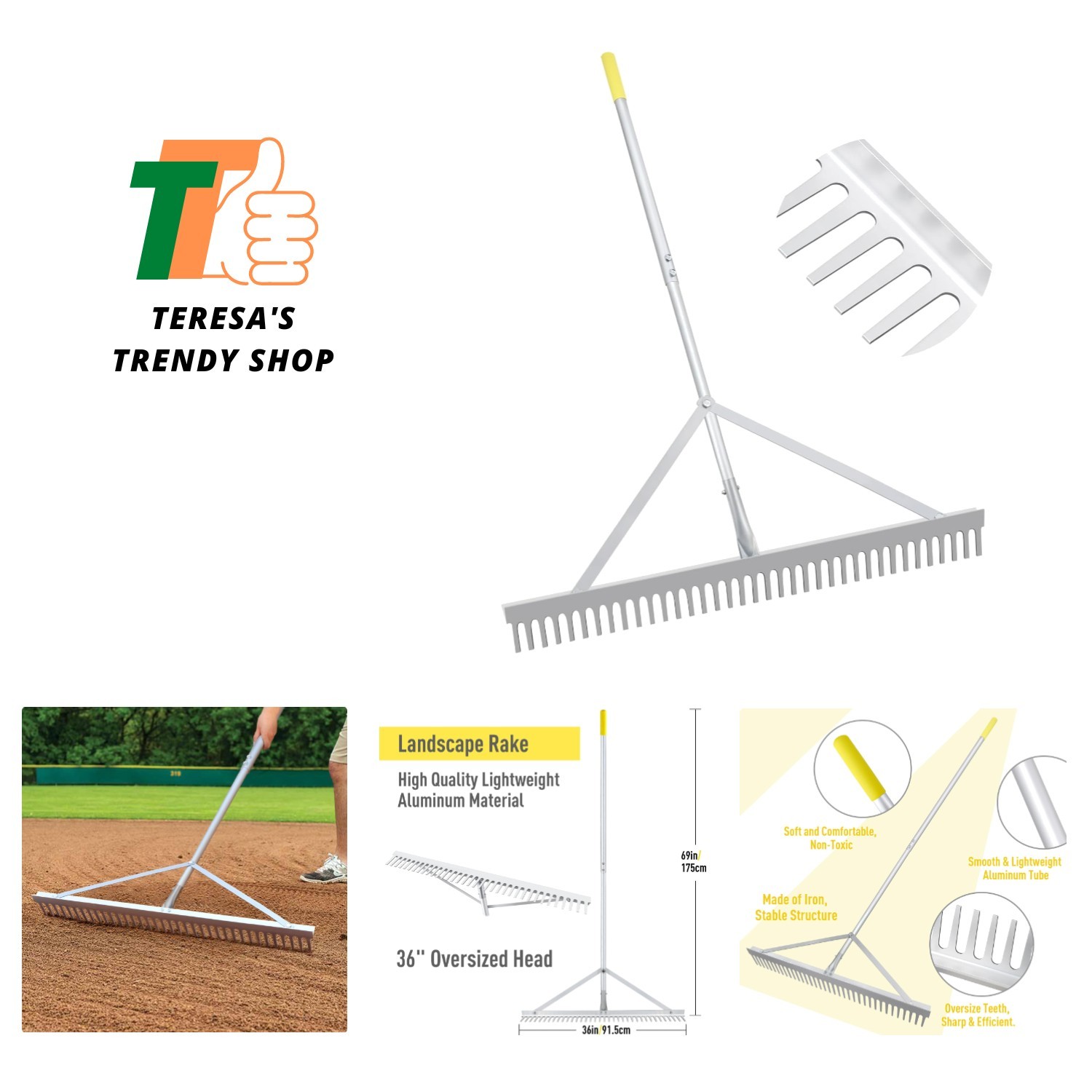 36'' Aluminum Landscape Rake: Lightweight 69'' Handle for Efficient Lawn Care