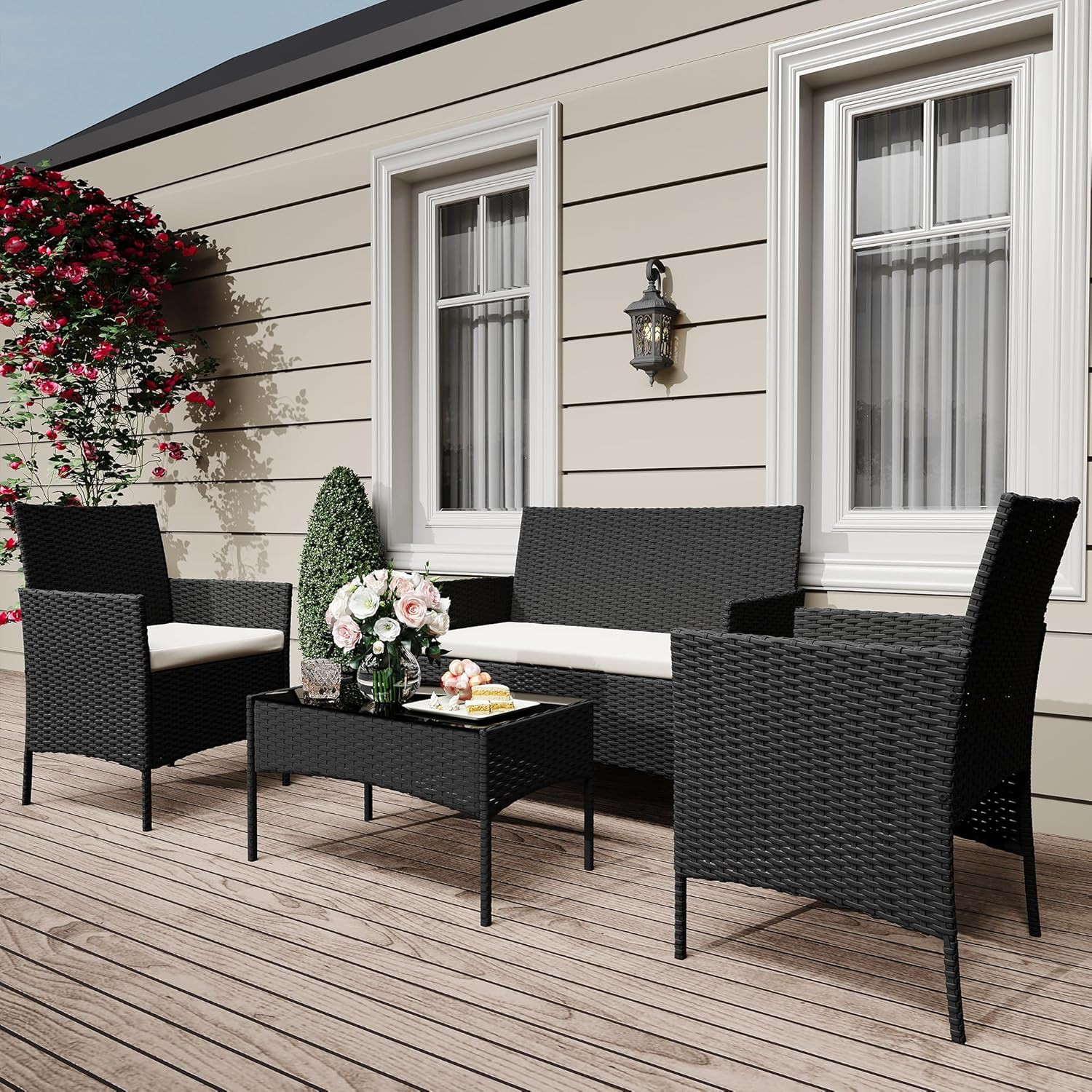 4 Piece Patio Furniture Set, Modern Patio Conversation Set with Glass Coffee Tab