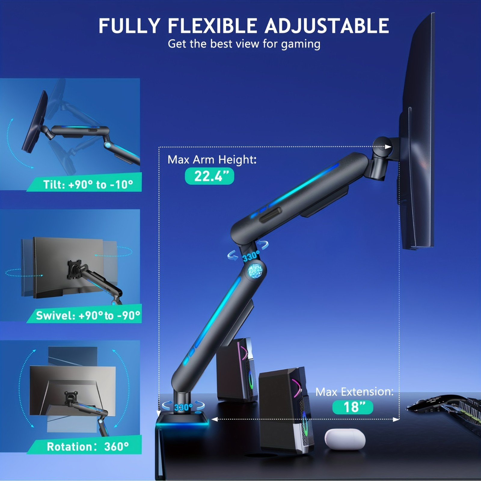 Single Monitor Mount, Built-in RGB Lights, Adjustable Monitor Arm with USB