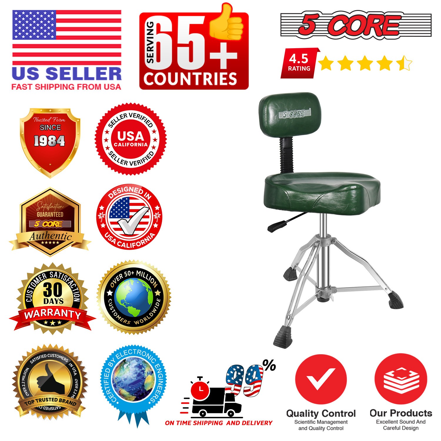 5 Core Drum Throne w Backrest 4" Padded Stool Adjustable 24.5" 441Lb Capacity