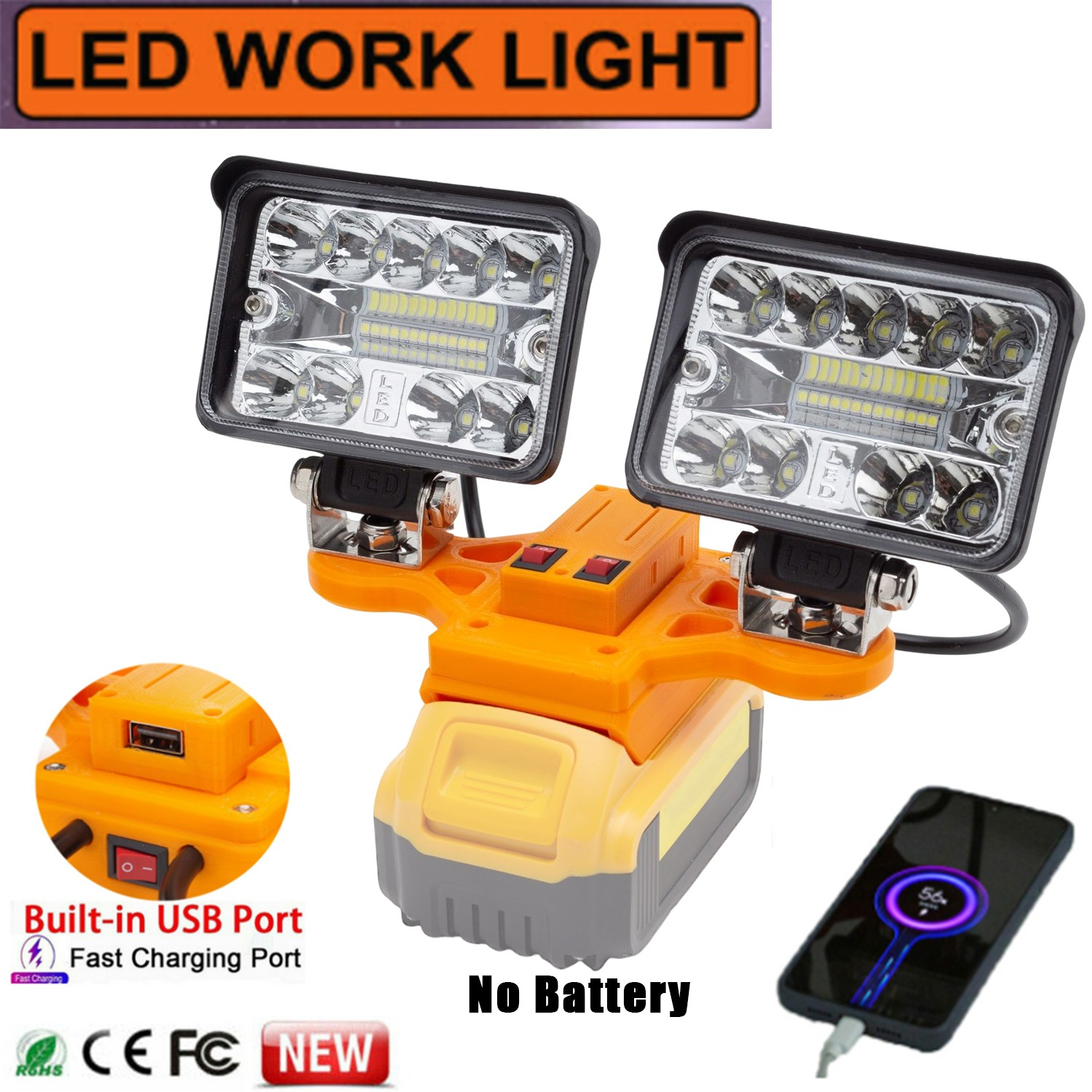 5600LM Dual Head LED Work Light For Dewalt 20V Li-Ion Battery Emergency Lighting