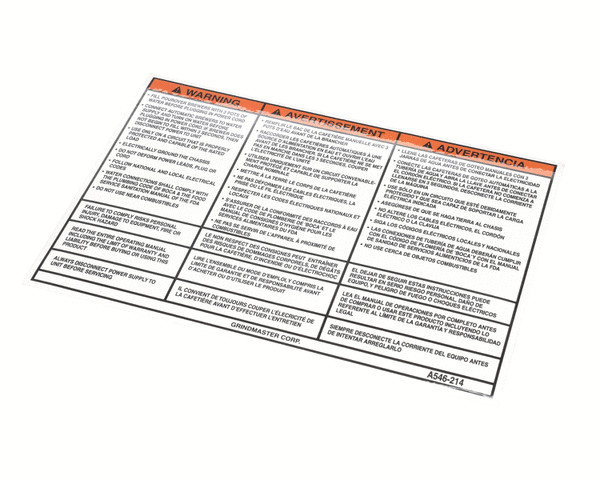 A546-214 Grindmaster Cecilware Label, Warning, Startup Instr Genuine OEM
