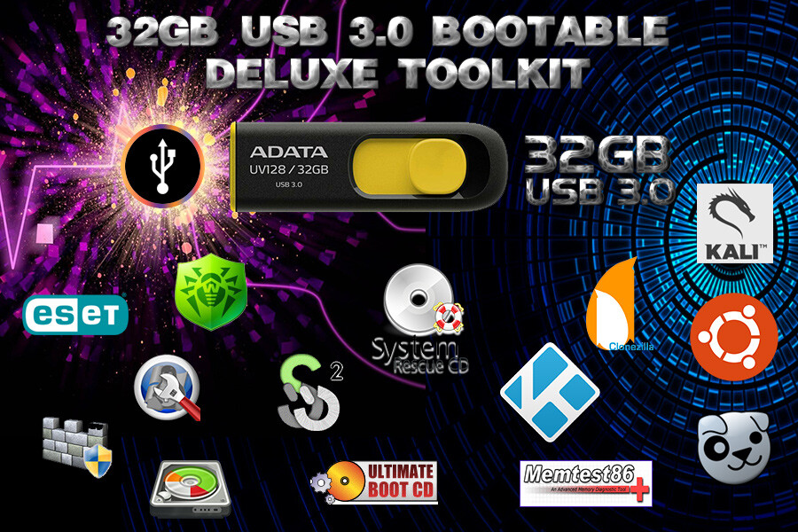32GB USB 3.0 Bootable Deluxe Tech Tool Kit - 19+ OSes Repair Scan Test Clone