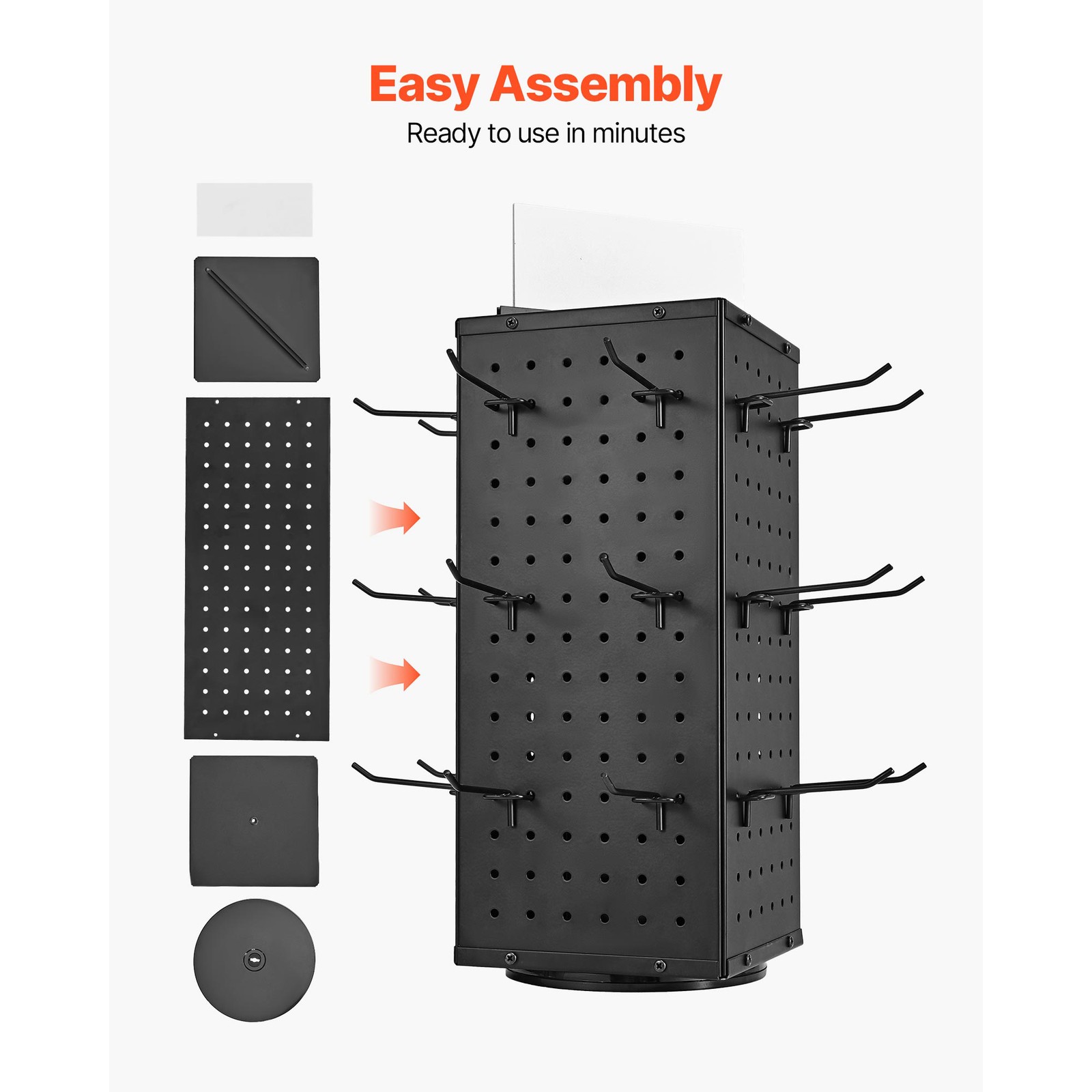 Rotating Pegboard Display 4-Sided Spinning Peg Board Display with 24 Hooks Black