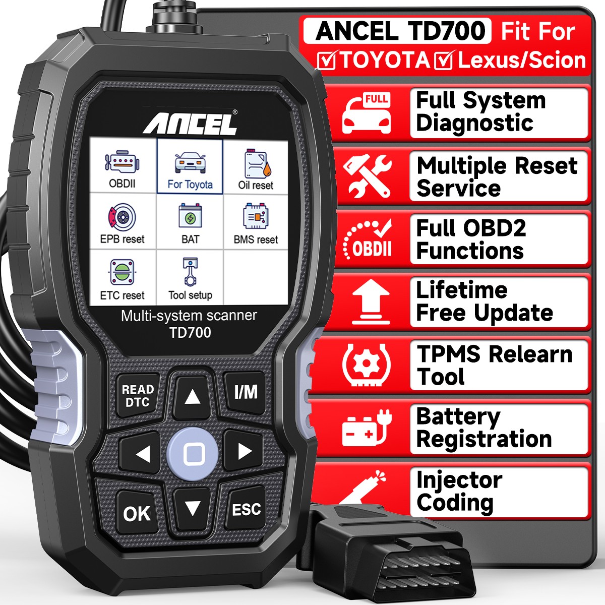 Ancel TD700 All System OBD2 Scanner Car Diagnostic Scan Tool TPMS Fit For Toyota