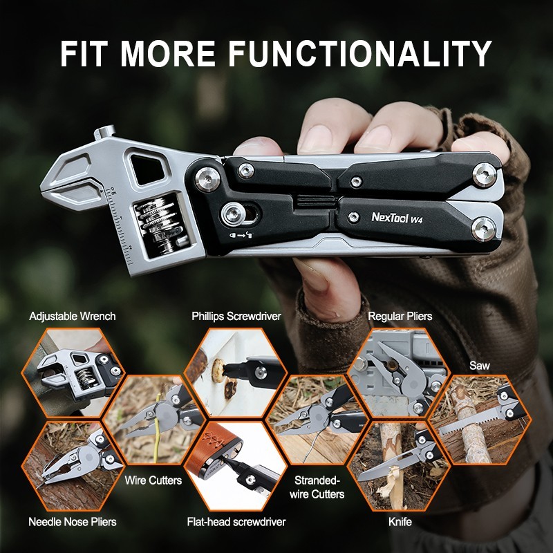NexTool Adjustable Wrench Multitool w/Pouch Essential Tools Stainless Handles