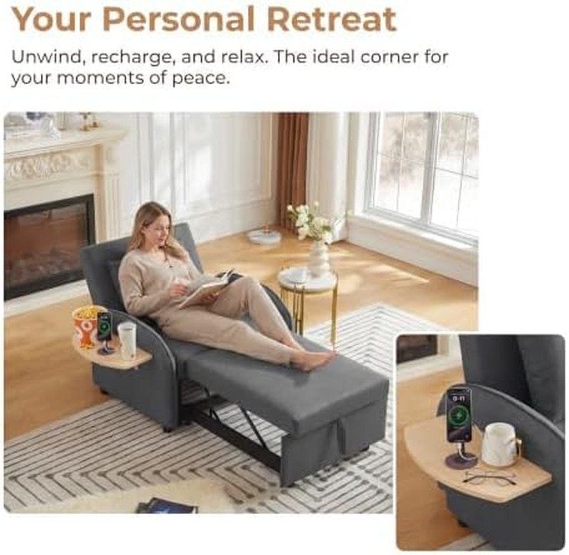 Sleeper Chair with Pull Out Bed, 5 in 1 Single Sofa Bed, Gray | Adjustable Backr
