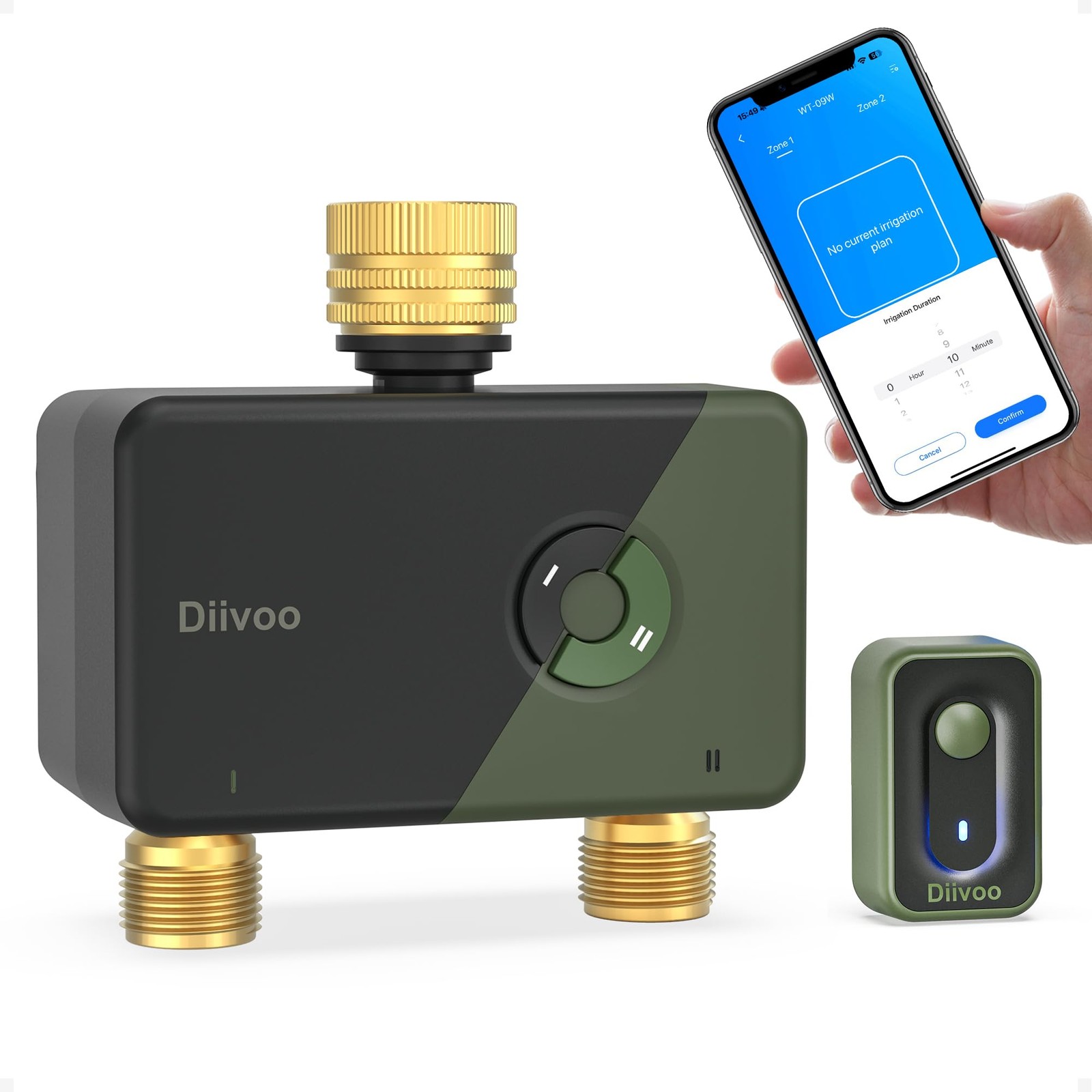 Diivoo Brass WiFi Sprinkler Timer 2 Zone, Smart Water 2 Outlets, Green
