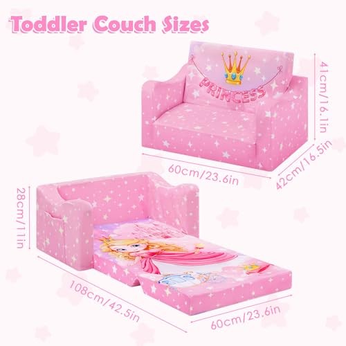 Comfy Kids Couch, 2-in-1 Folding Kids Sofa Bed for Toddler Princess Carriage